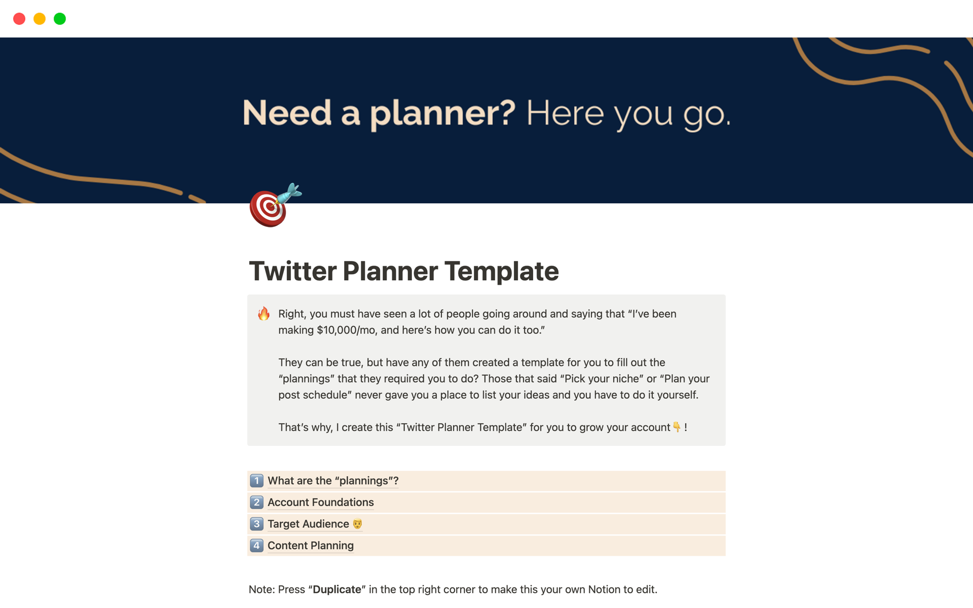 A template preview for Twitter Planner Template