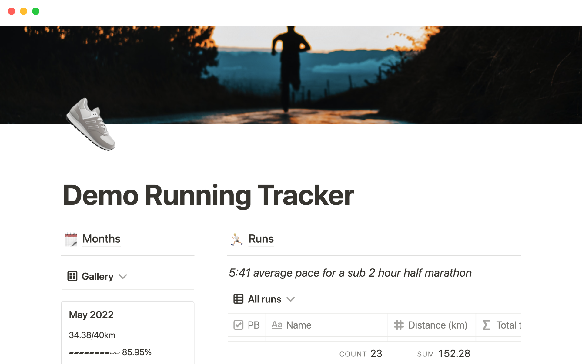 A template preview for Running tracker