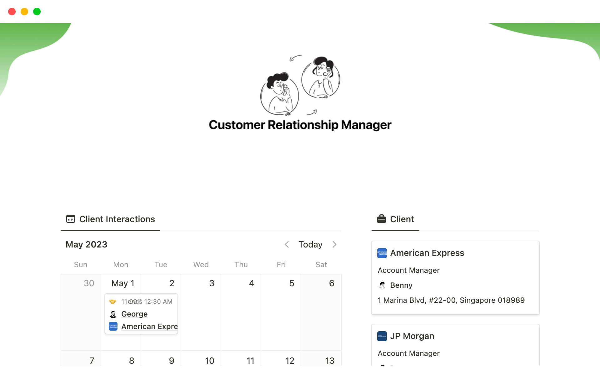 A template preview for Customer Relationship Manager