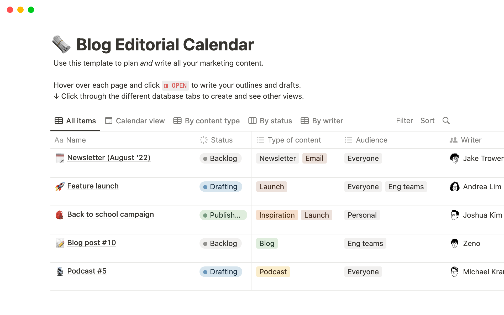 A template preview for Blog Editorial Calendar
