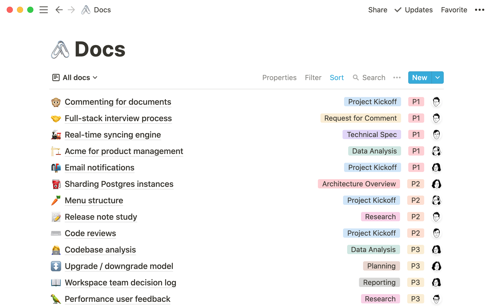 Lists are a good way to organize docs that are all related and show their relevant properties.