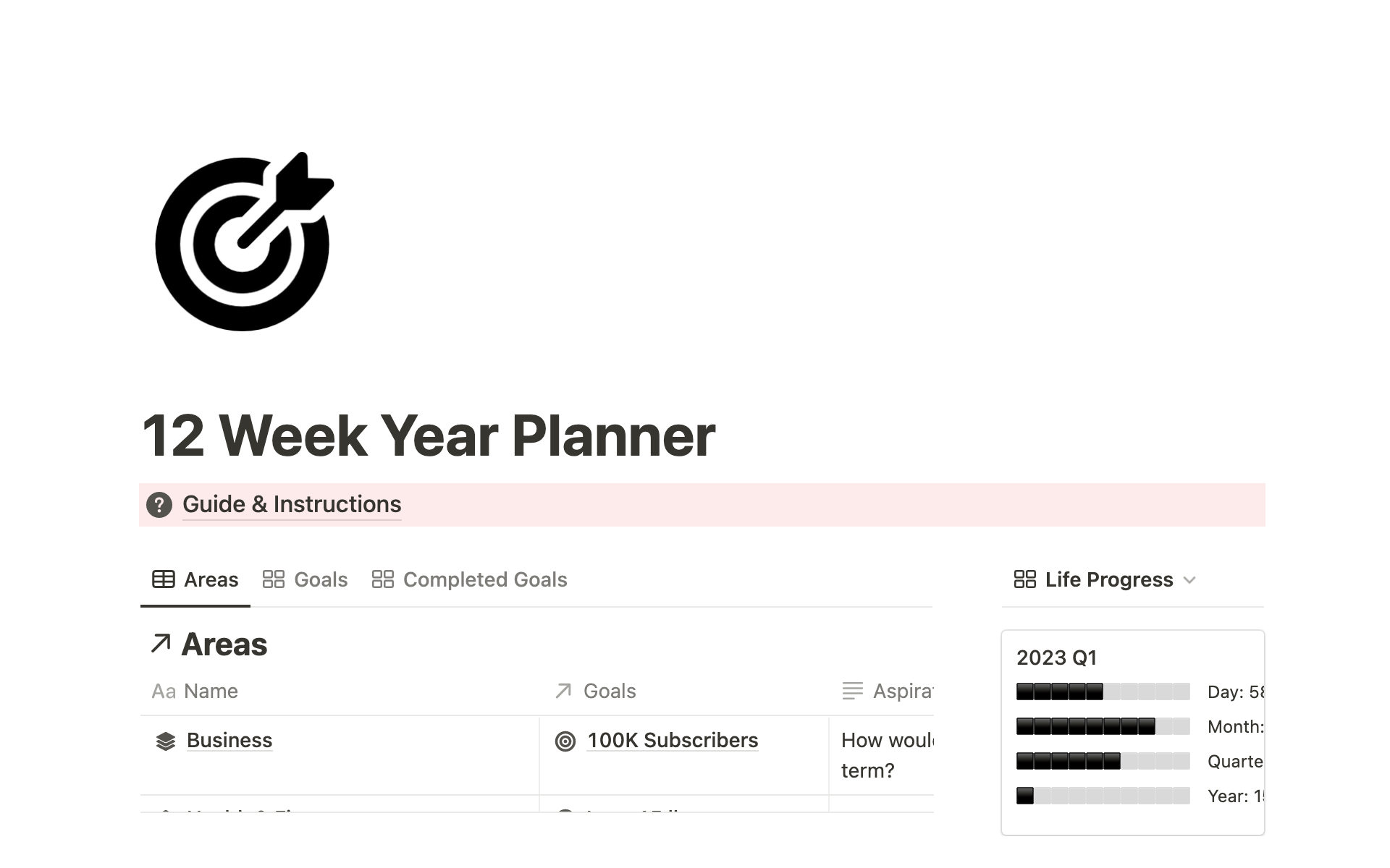 12 Week Year Plannerのテンプレートのプレビュー