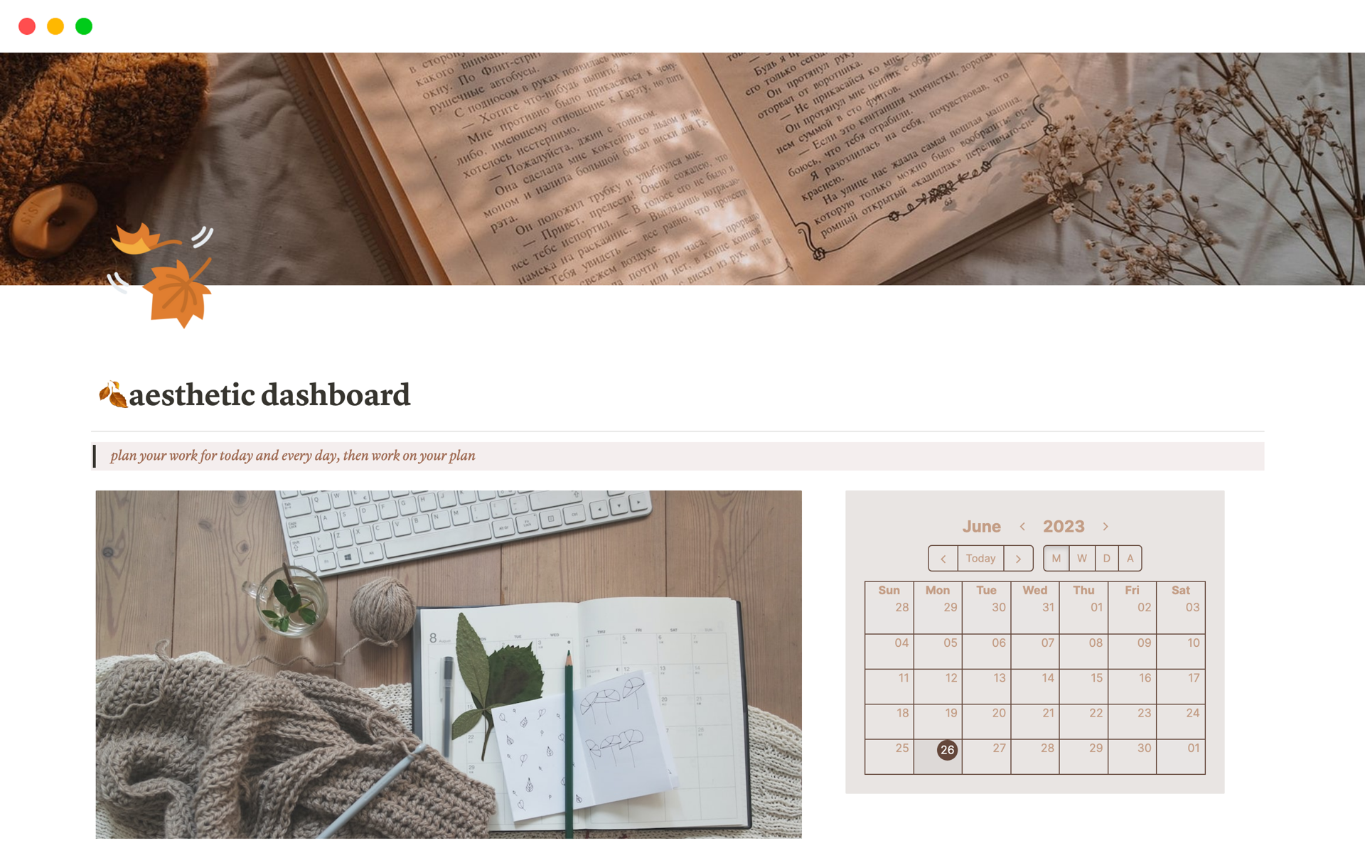 The Aesthetic Daily Dashboard Notion Template offers a visually appealing and organized layout to track and manage daily tasks and goals, finances, meal planning, book tracking, and more.