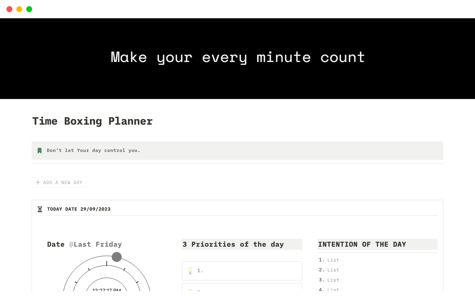 A template preview for Time Boxing Planner