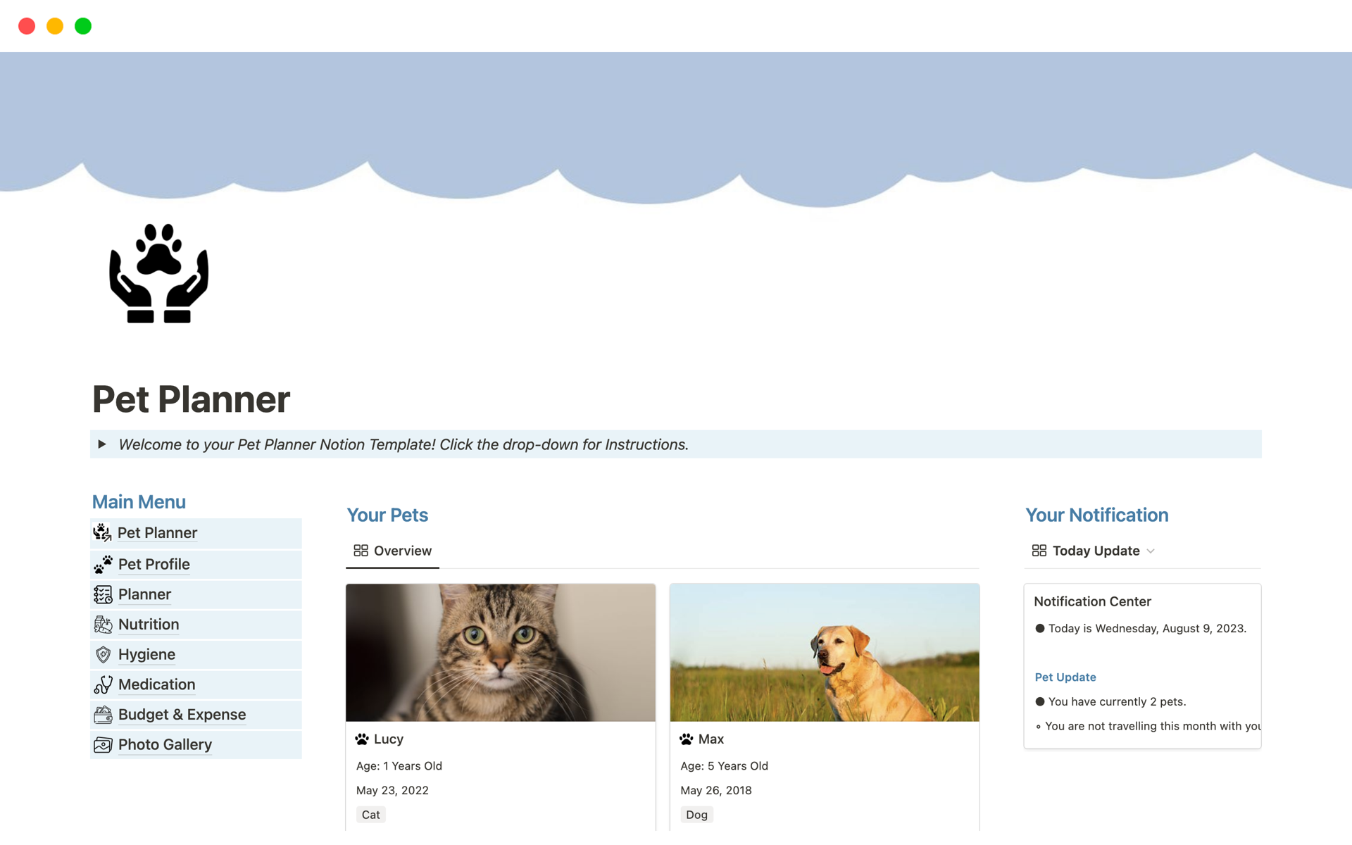 A template preview for Pet Planner