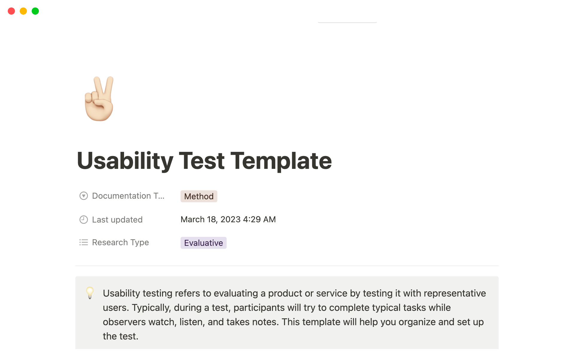 A template preview for Usability Test Template