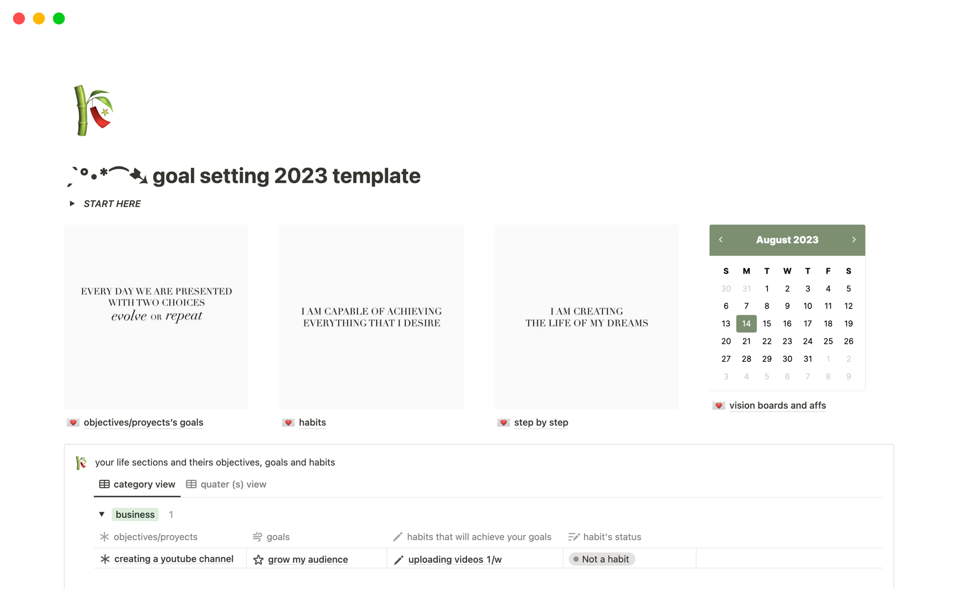 A template preview for goal setting 2023 version