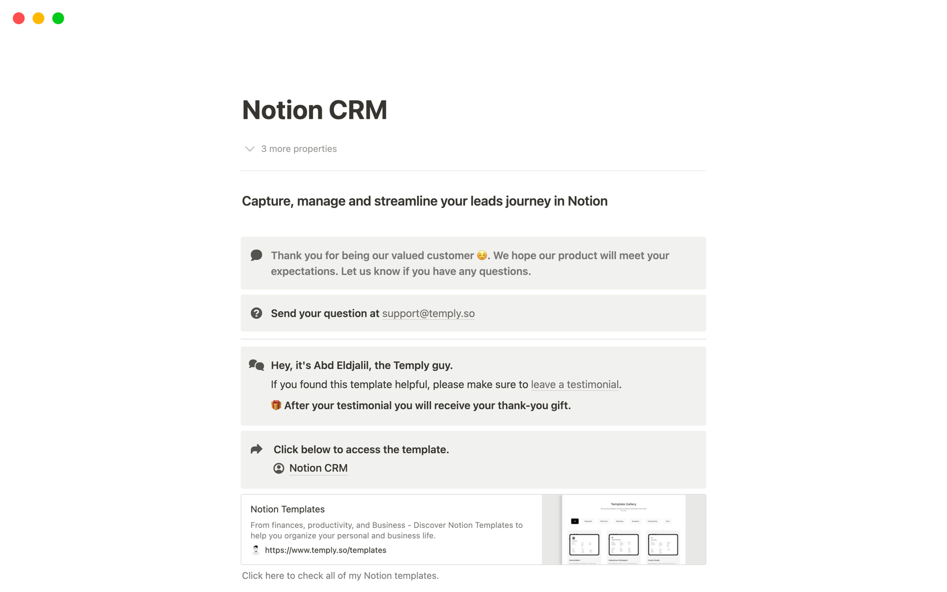 A template preview for Notion CRM