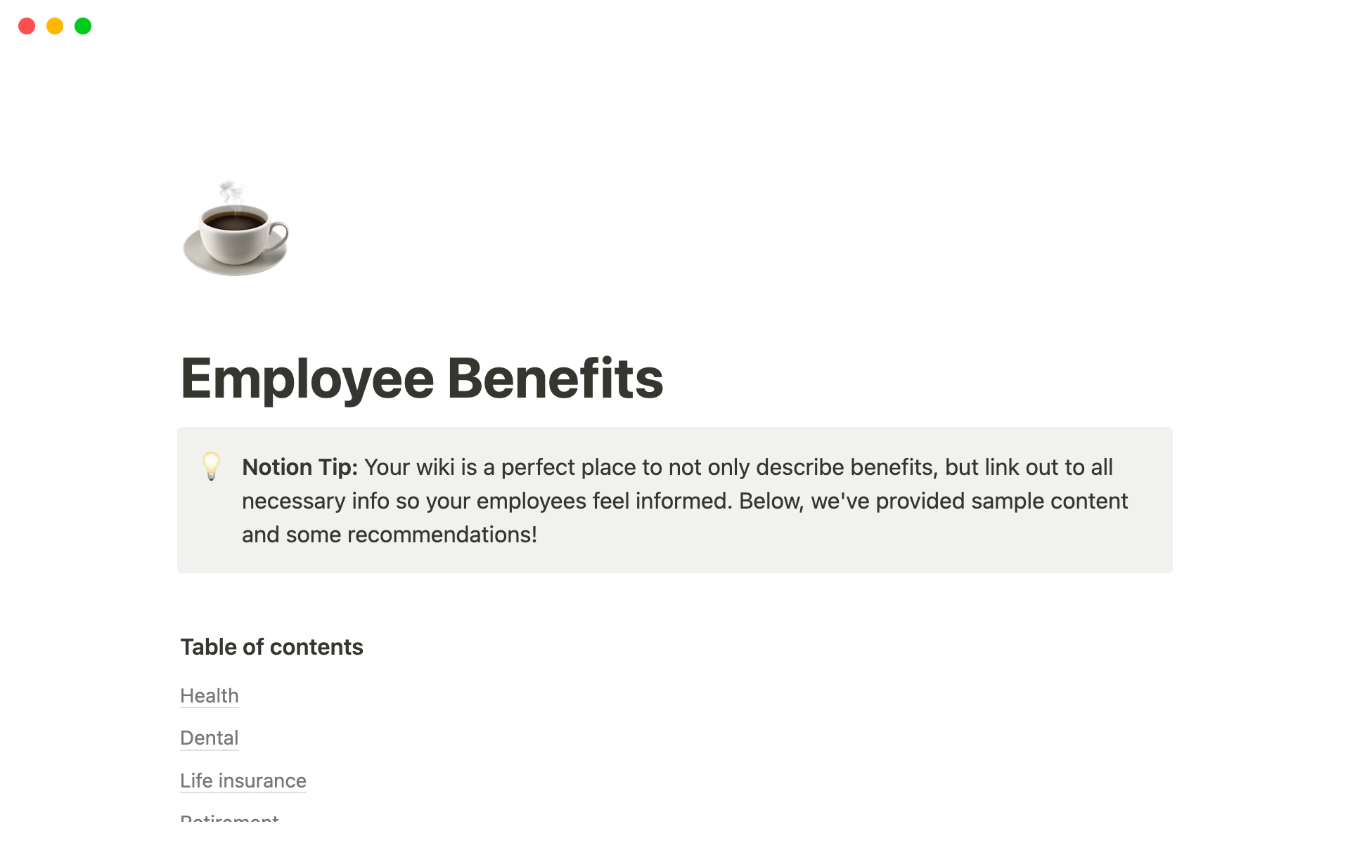A template preview for Employee Benefits