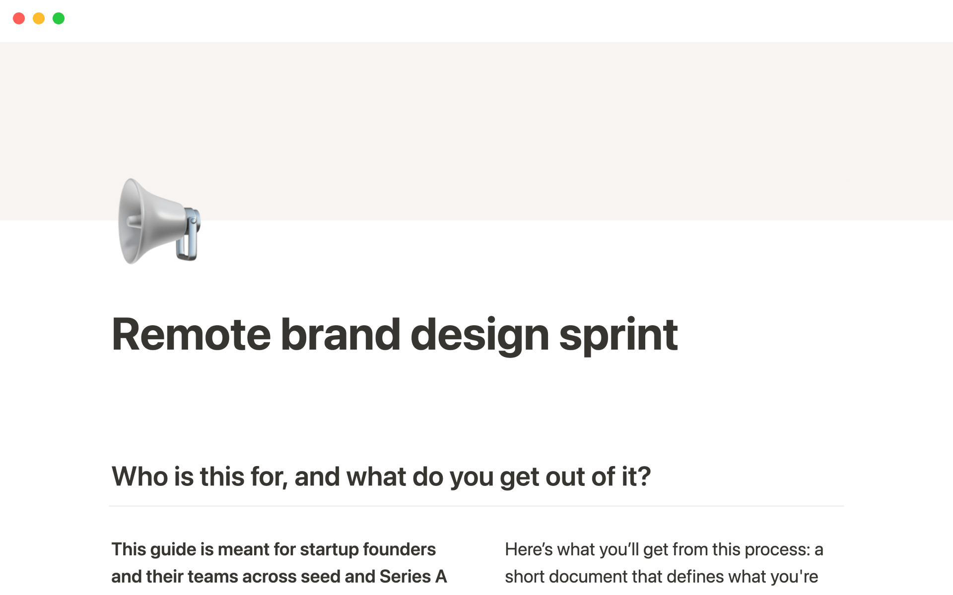 A template preview for Merci Grace's remote brand design sprint