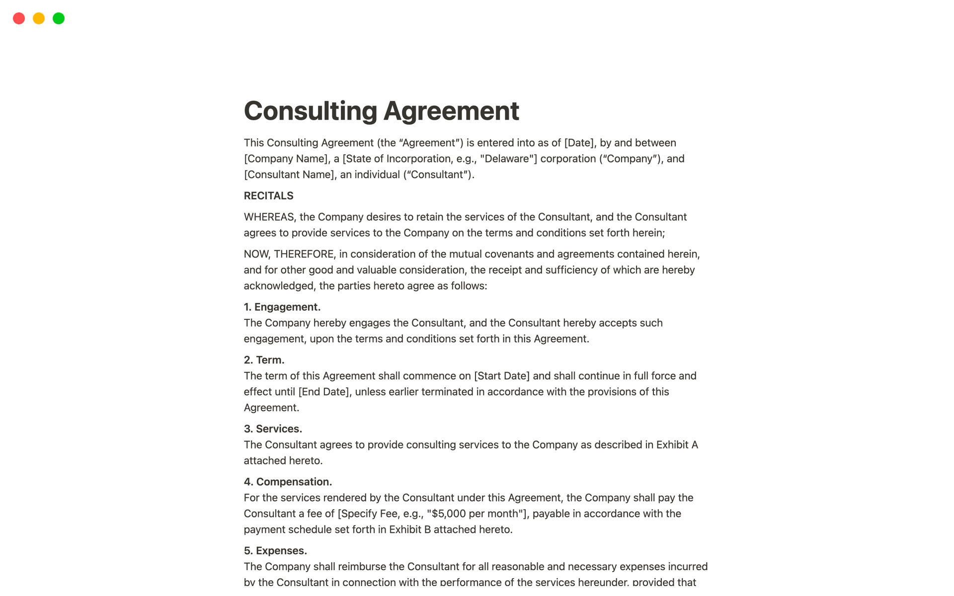 A template preview for Consulting Agreement