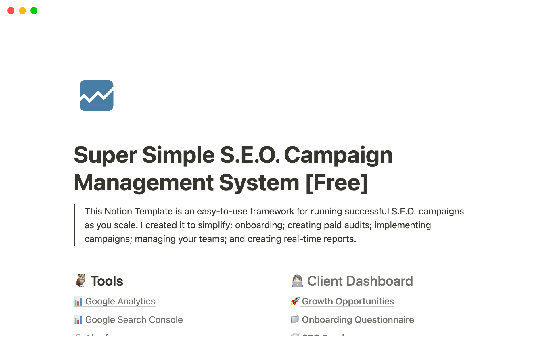 A template preview for Super Simple S.E.O. Campaign Management System