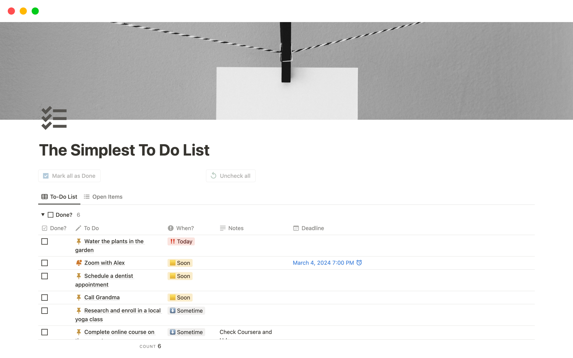 A template preview for The Simplest To Do List