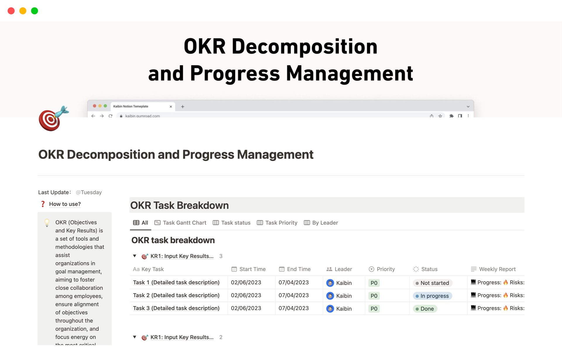 A template preview for OKR Decomposition and Progress Management