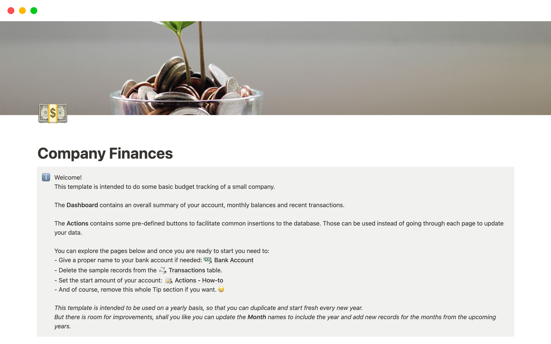 A template preview for Small Company Finances