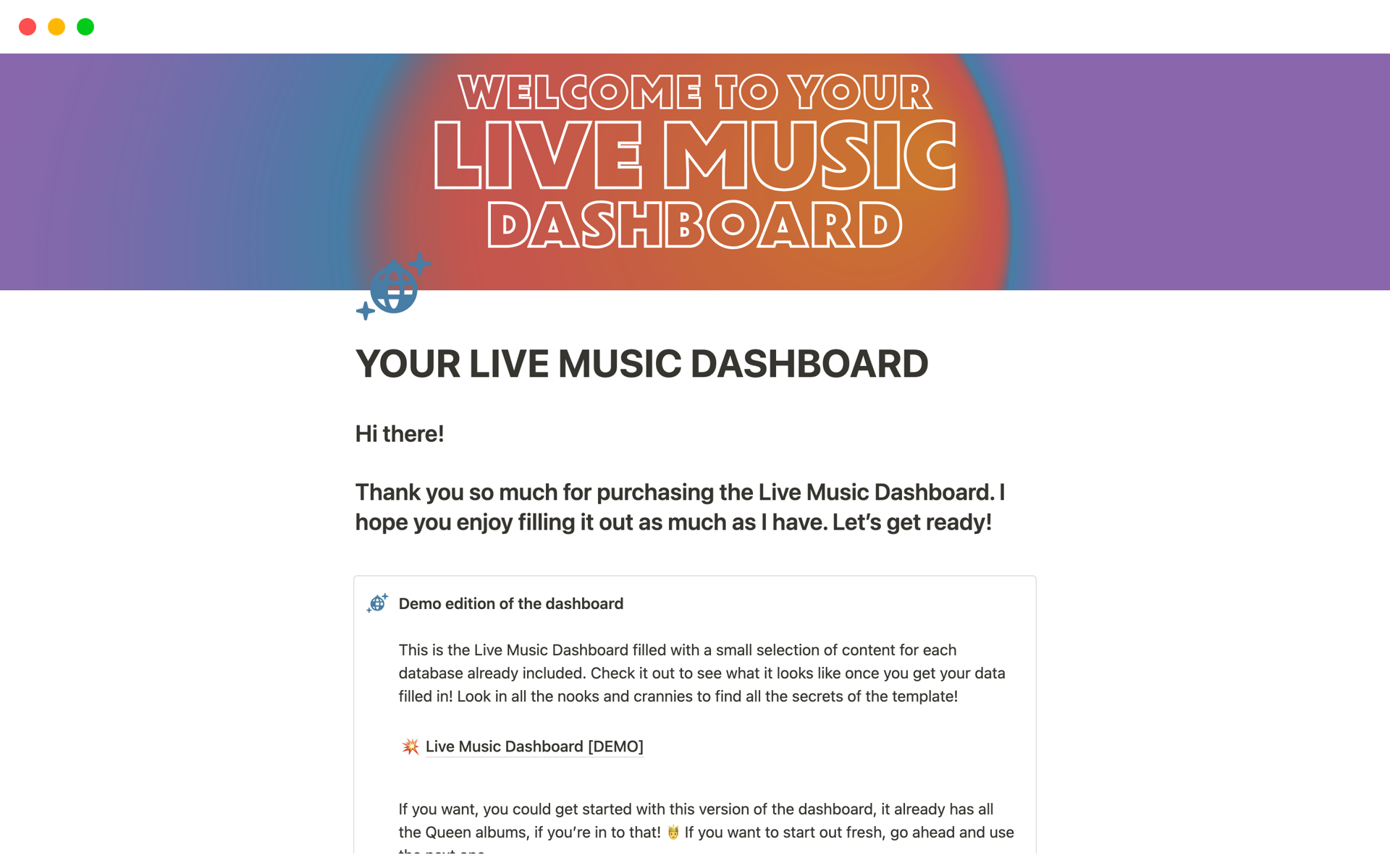 A template preview for Your Live Music Dashboard
