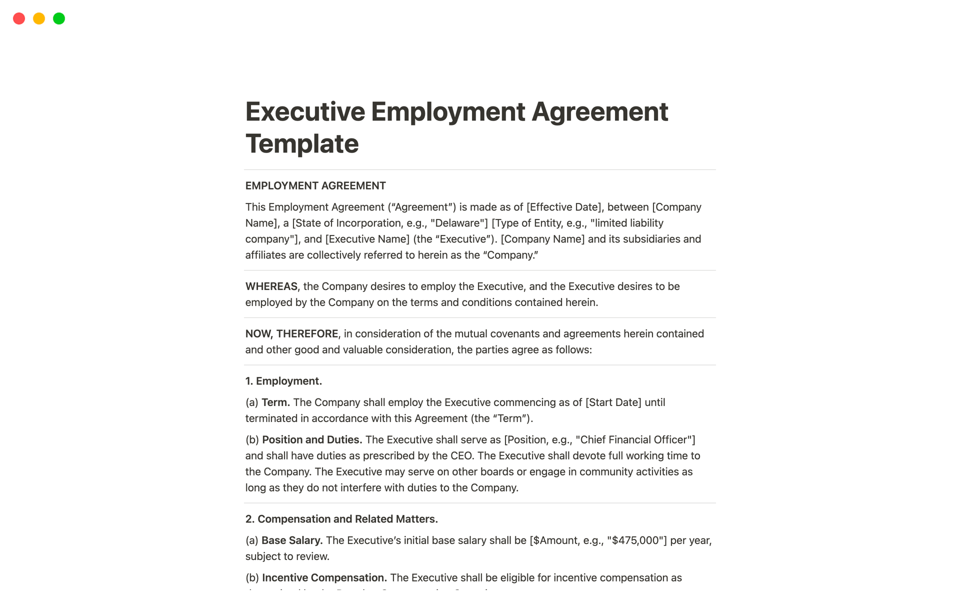 A template preview for Executive Employment Agreement