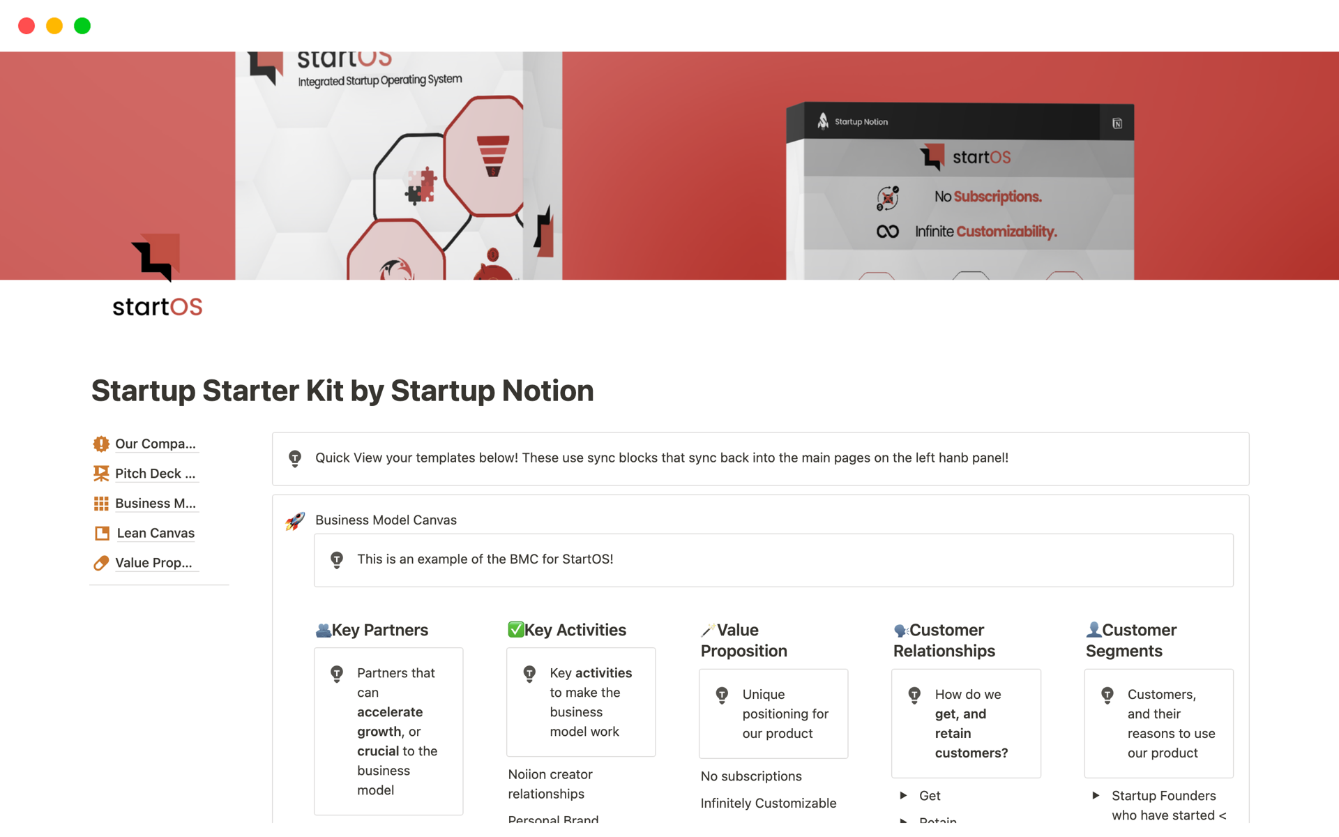 A template preview for Startup Starter Kit by Startup Notion