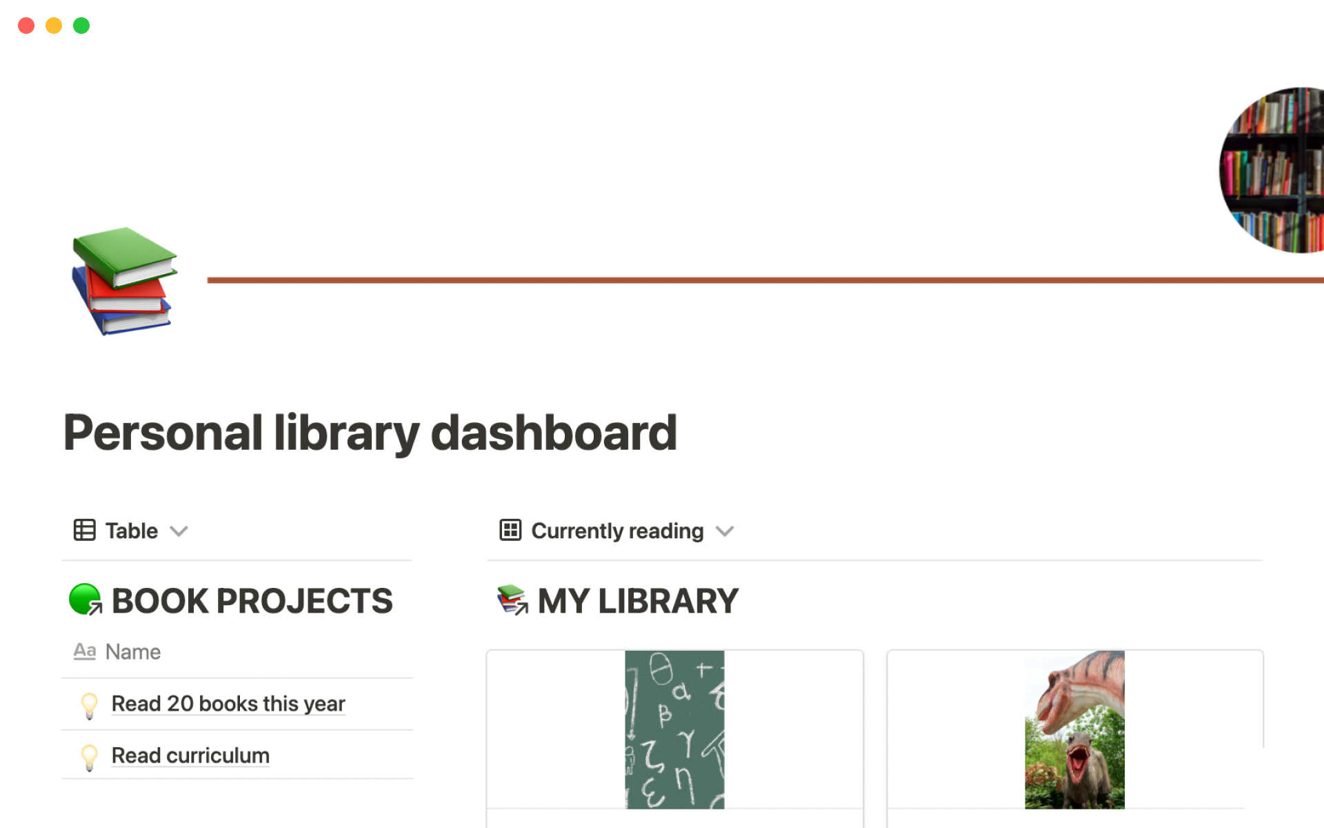 A template preview for Personal library dashboard