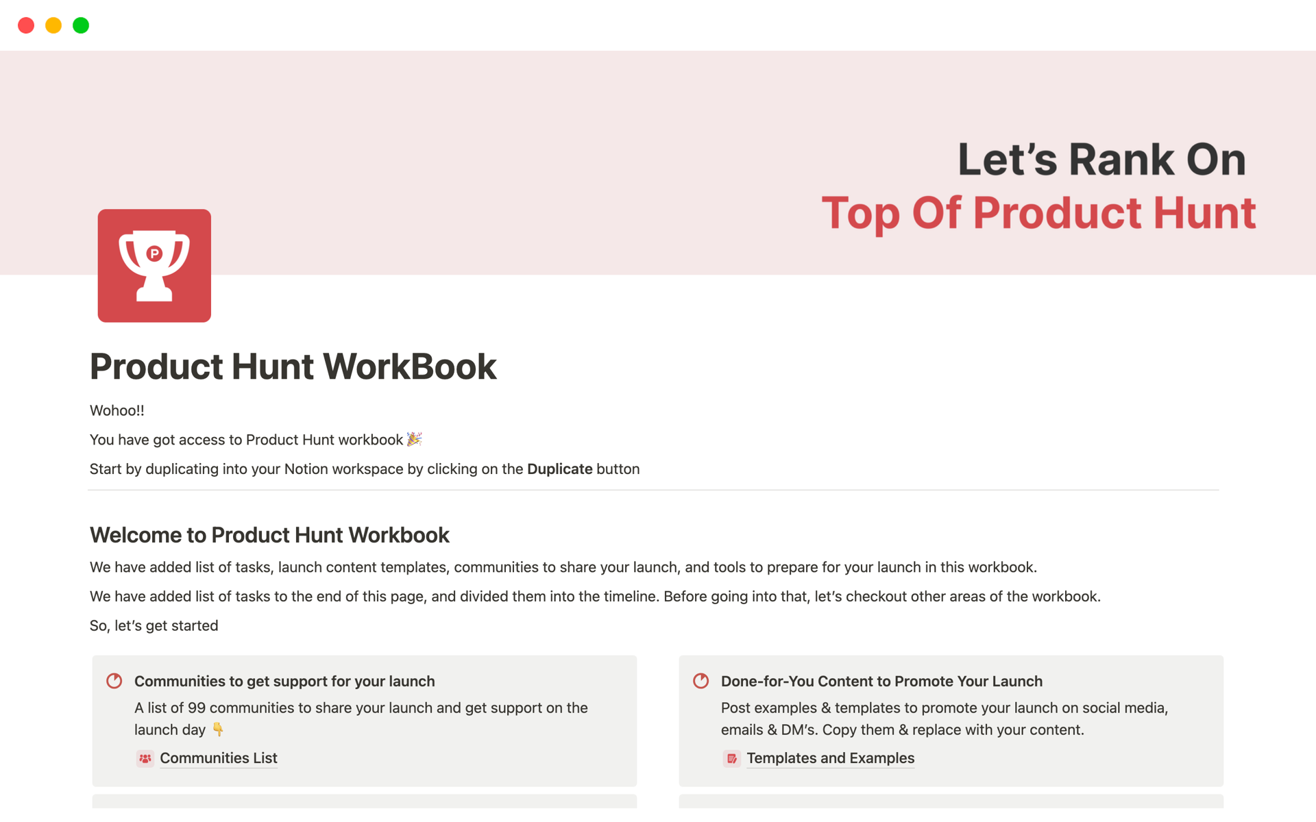 A template preview for Product Hunt WorkBook