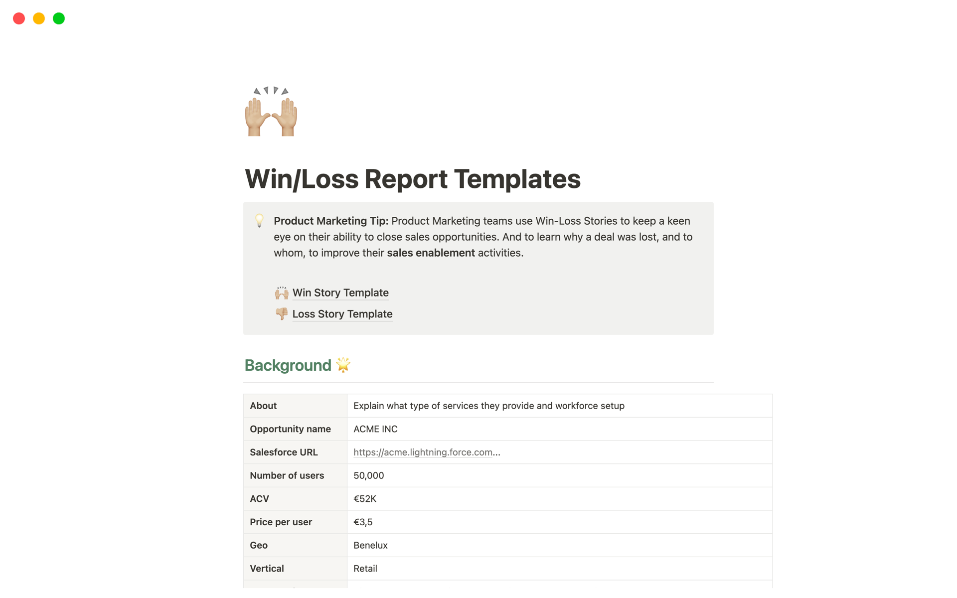 A template preview for Win/Loss Story Templates for Sales
