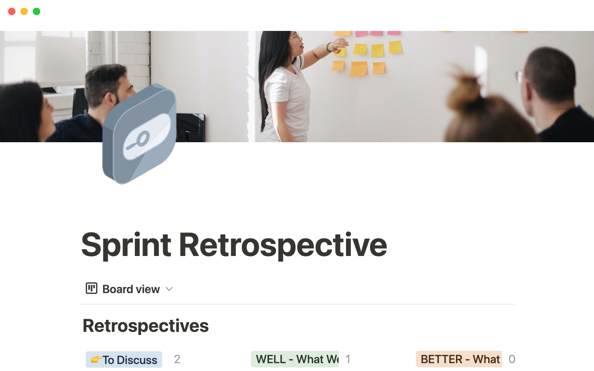 A template preview for Sprint retrospective