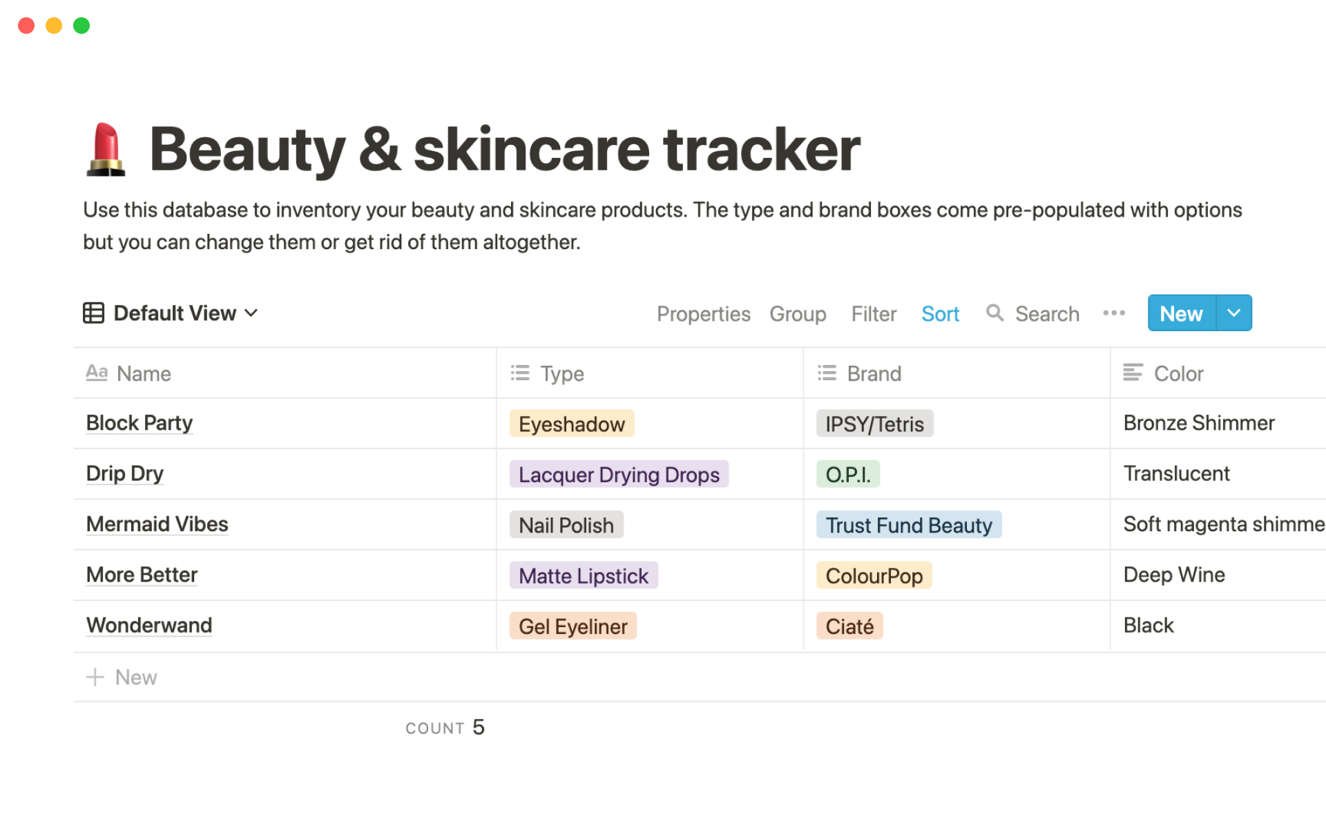 A template preview for Beauty & skincare tracker