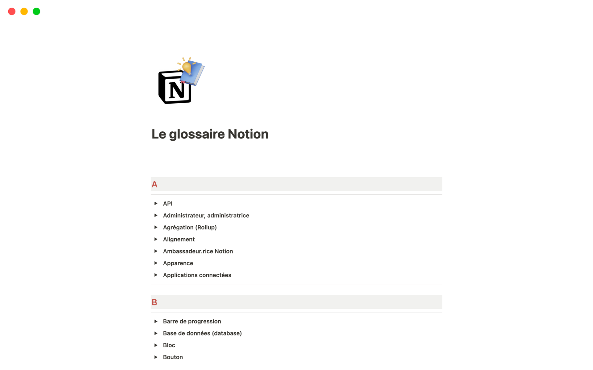 A template preview for Le glossaire Notion