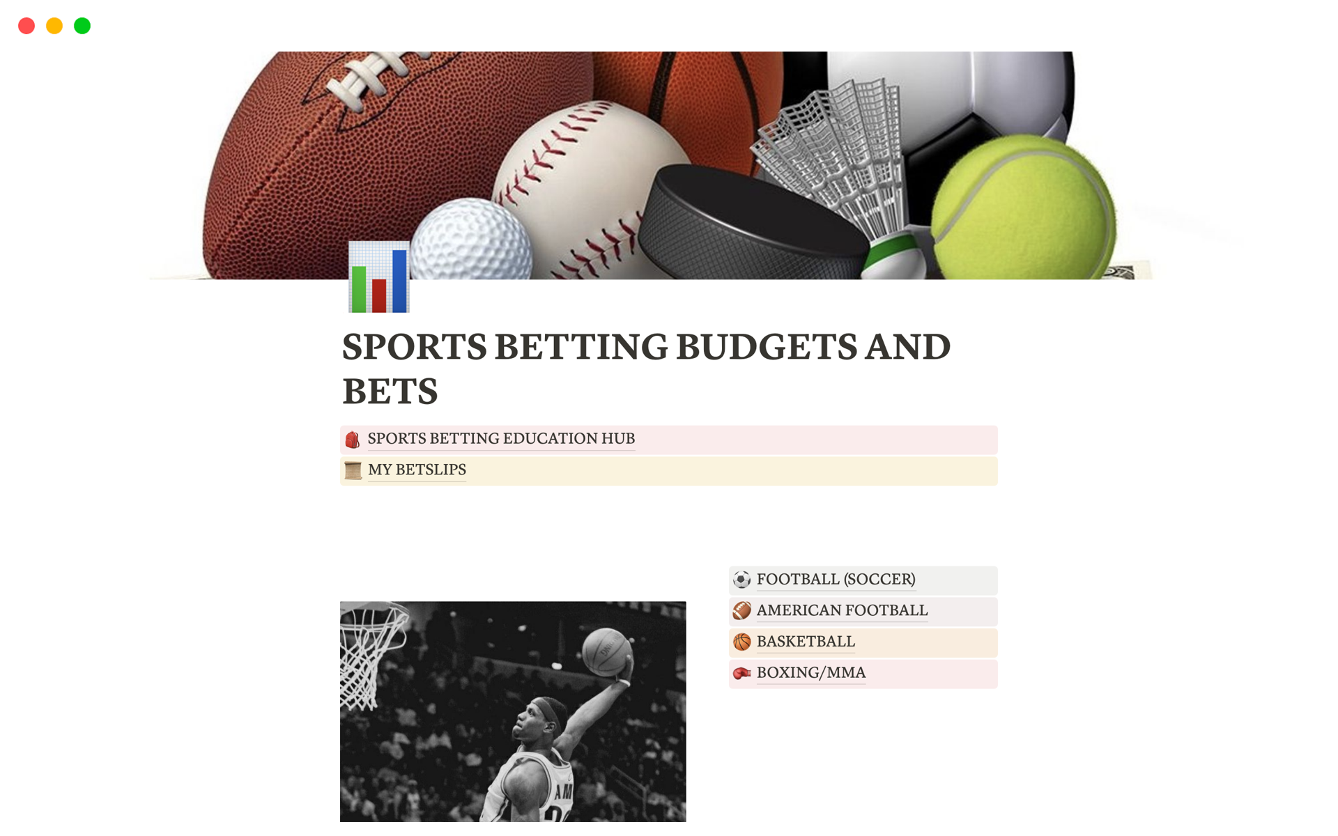 A template preview for SPORTS BETTING BUDGETS AND BETS TRACKER