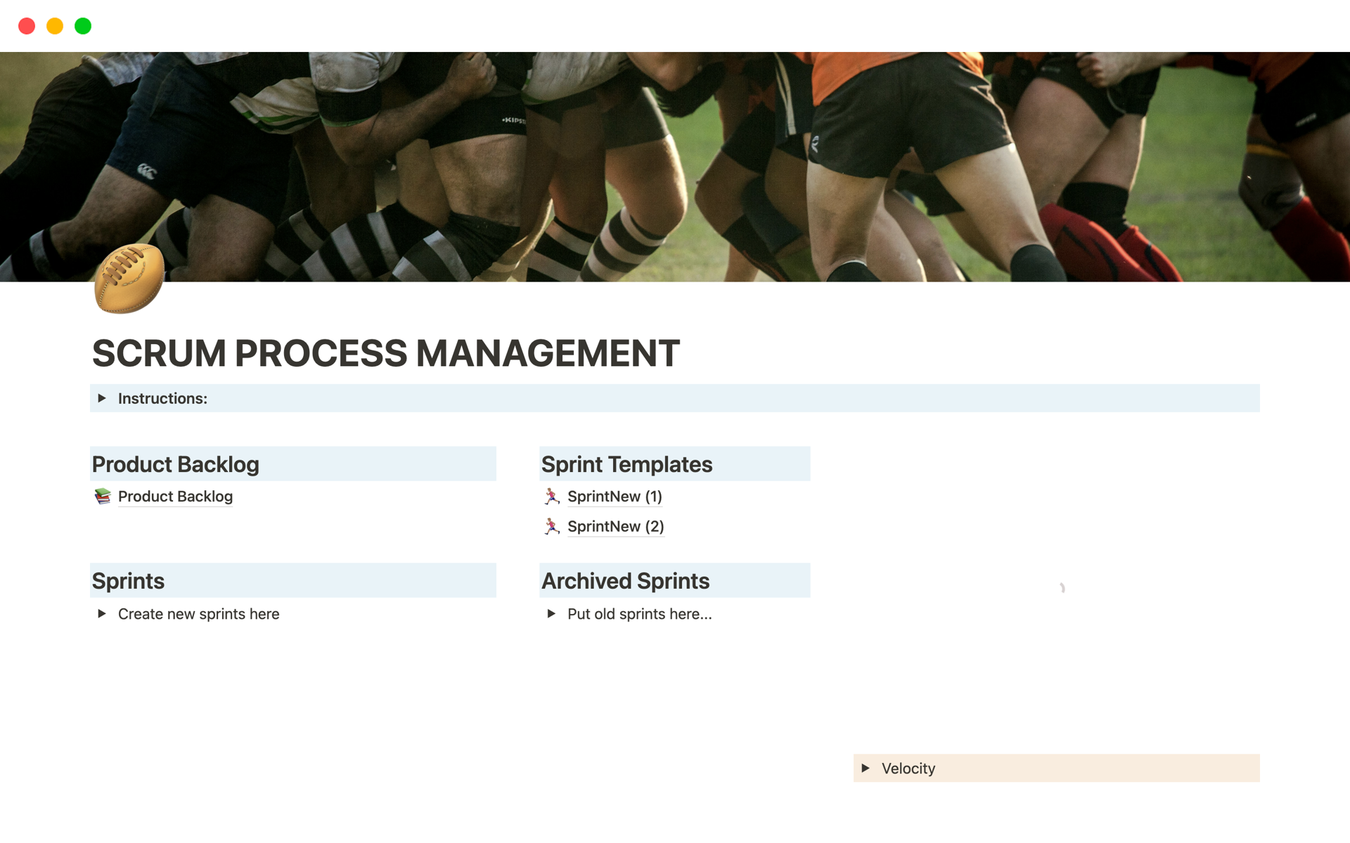 A template preview for Scrum Process Management