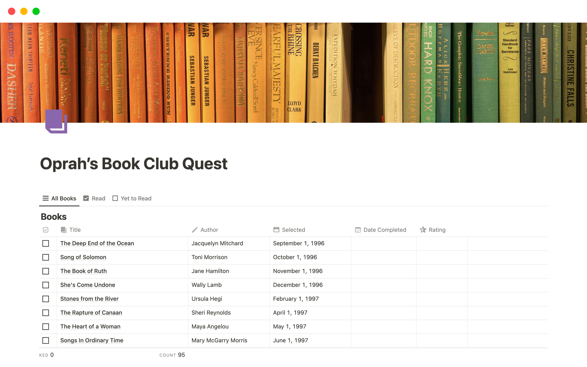 A template preview for Oprah’s Book Club Quest
