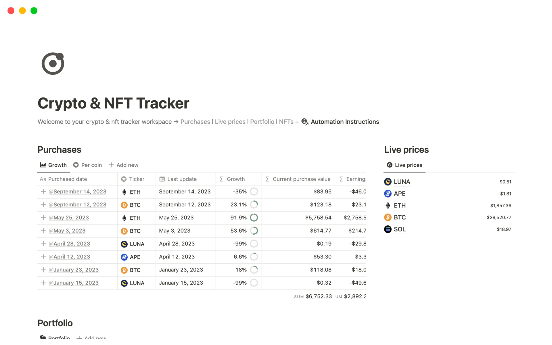 A template preview for Crypto & NFT tracker