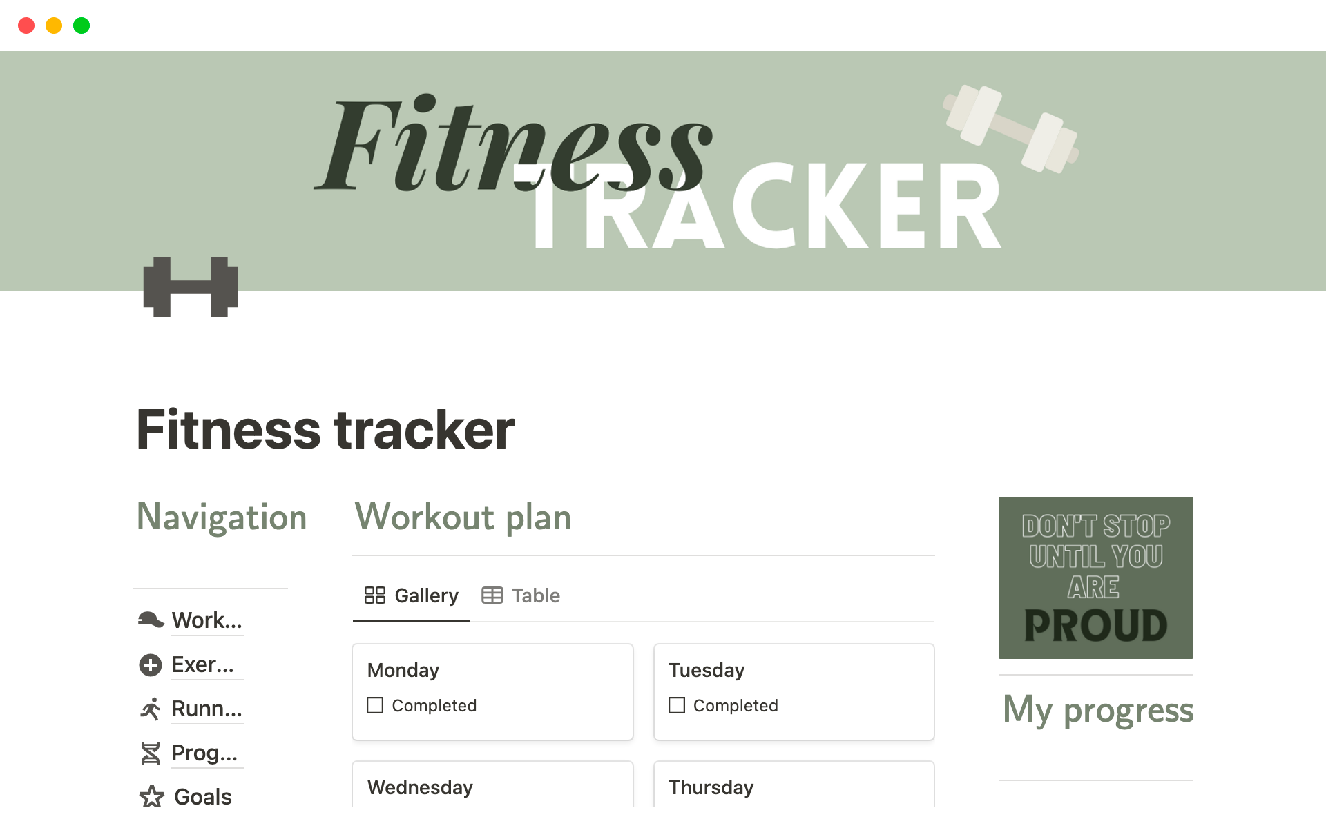 Keep track of anything related to fitness: workouts, exercises, running sessions, progress, goals and challenges.
