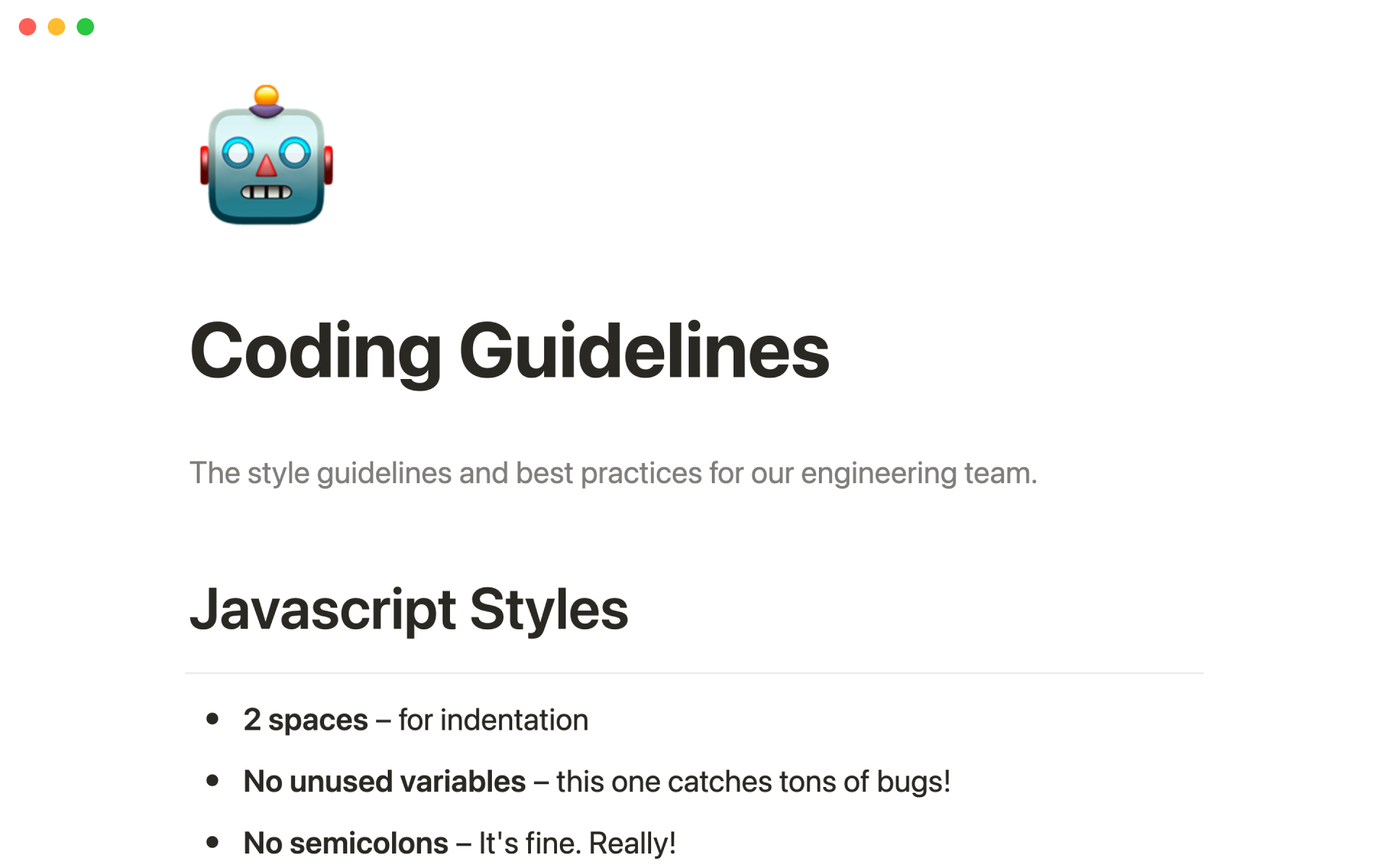 A template preview for Coding guidelines