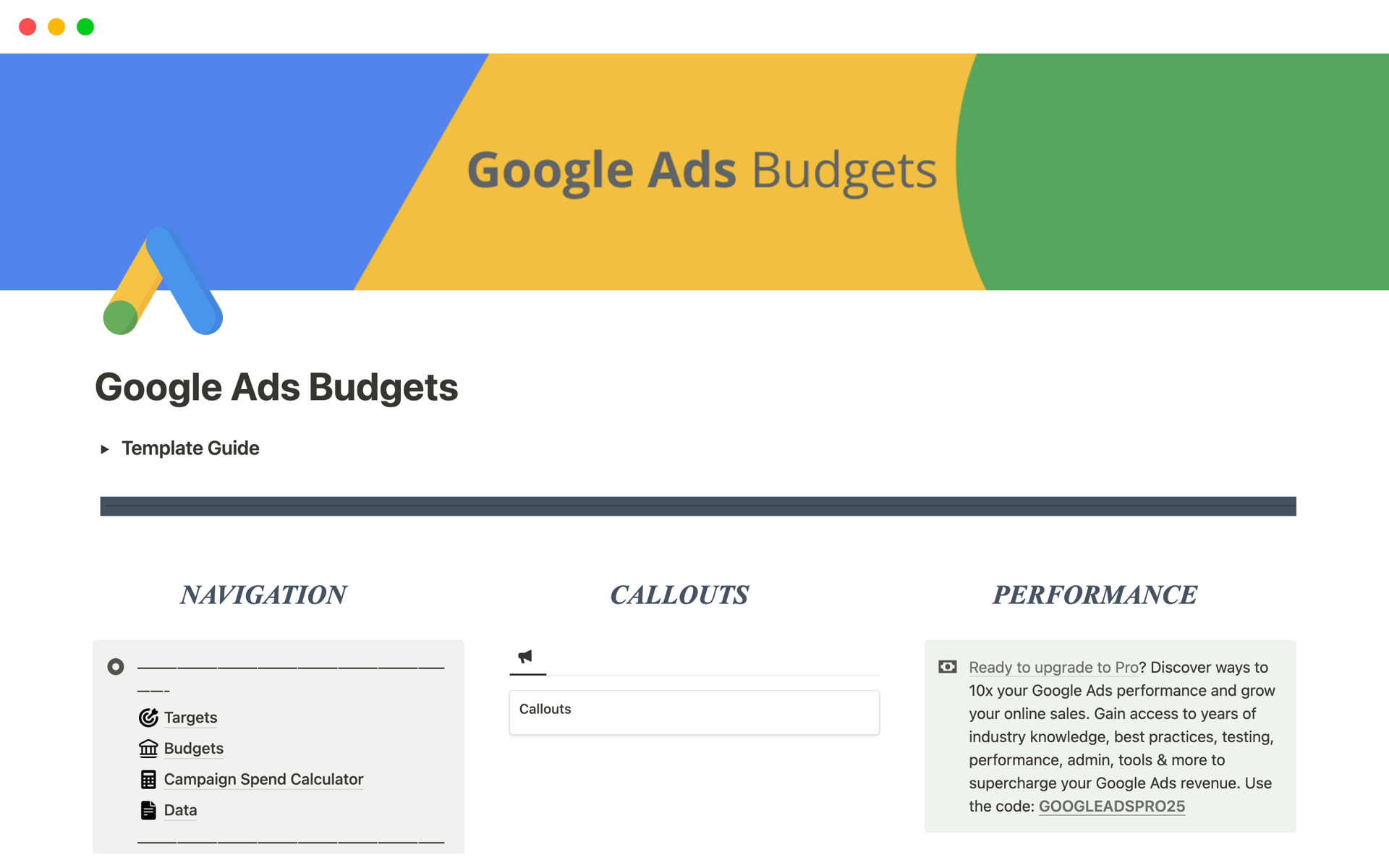 A template preview for Google Ads Budgets