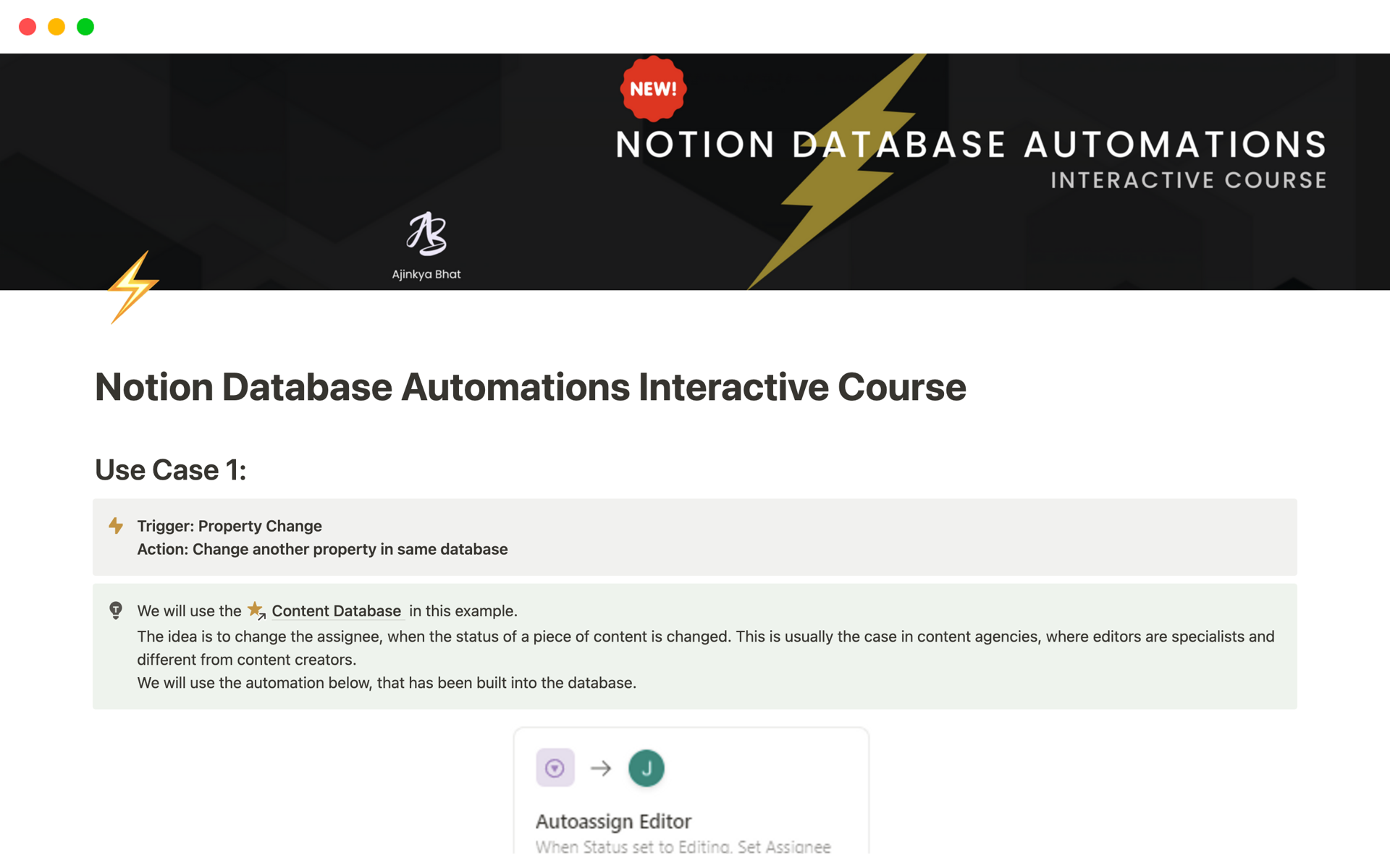 A template preview for Notion Database Automations Interactive Course