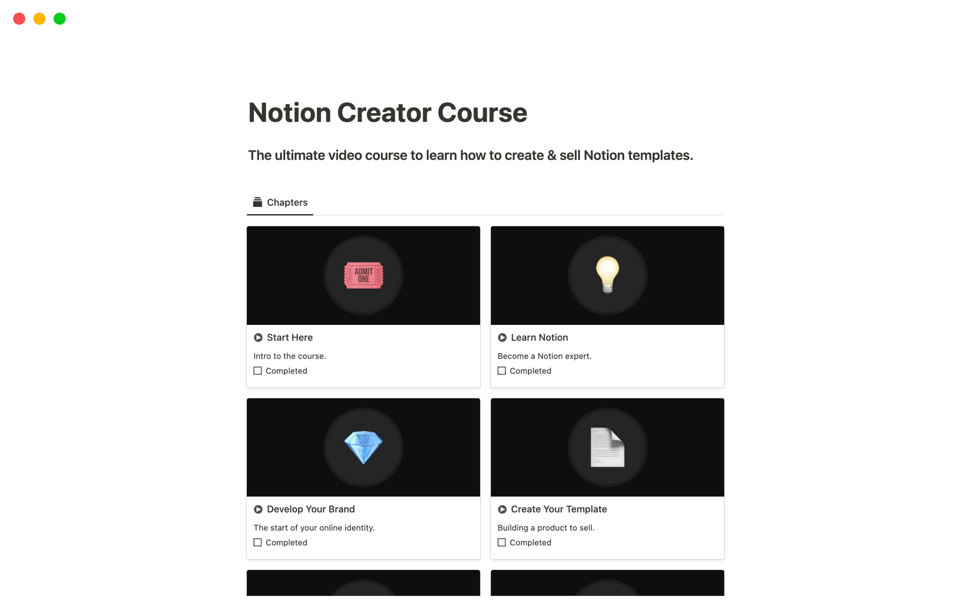 A template preview for Notion Creator Course