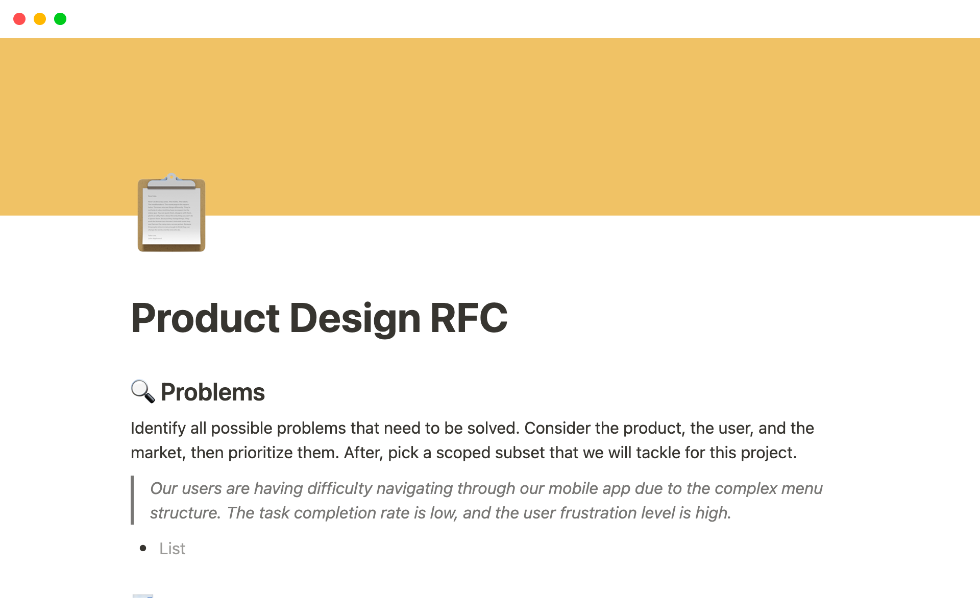 A template preview for Product Design RFC