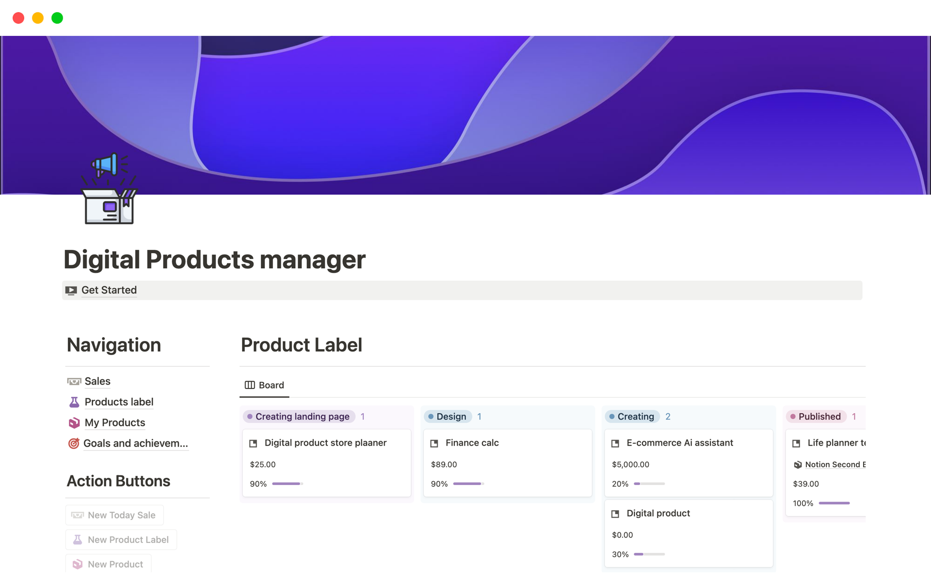 A template preview for Digital Products manager