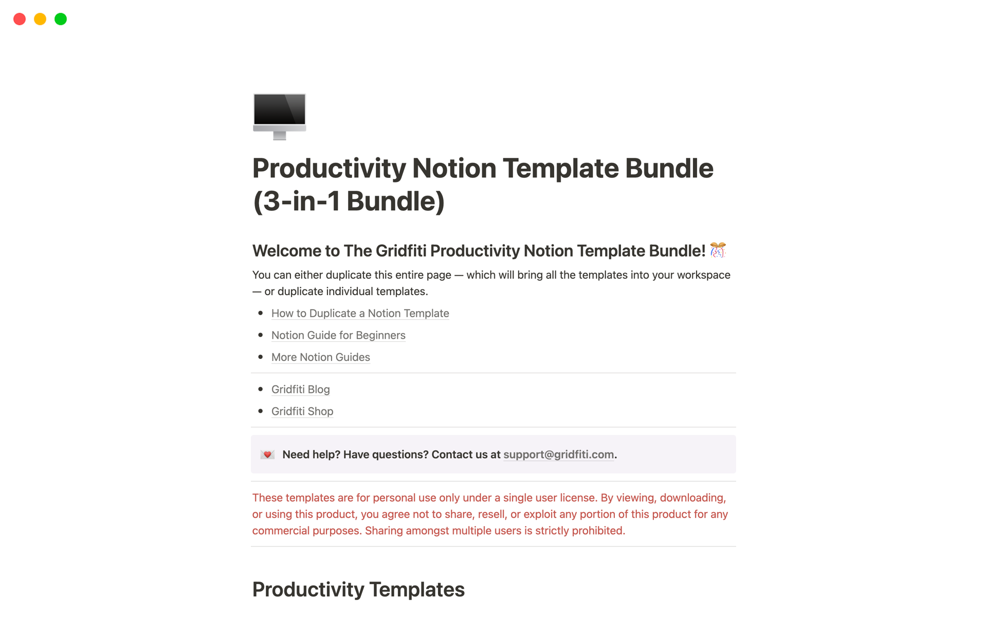 A template preview for 3-in-1 Productivity Notion Template Bundle