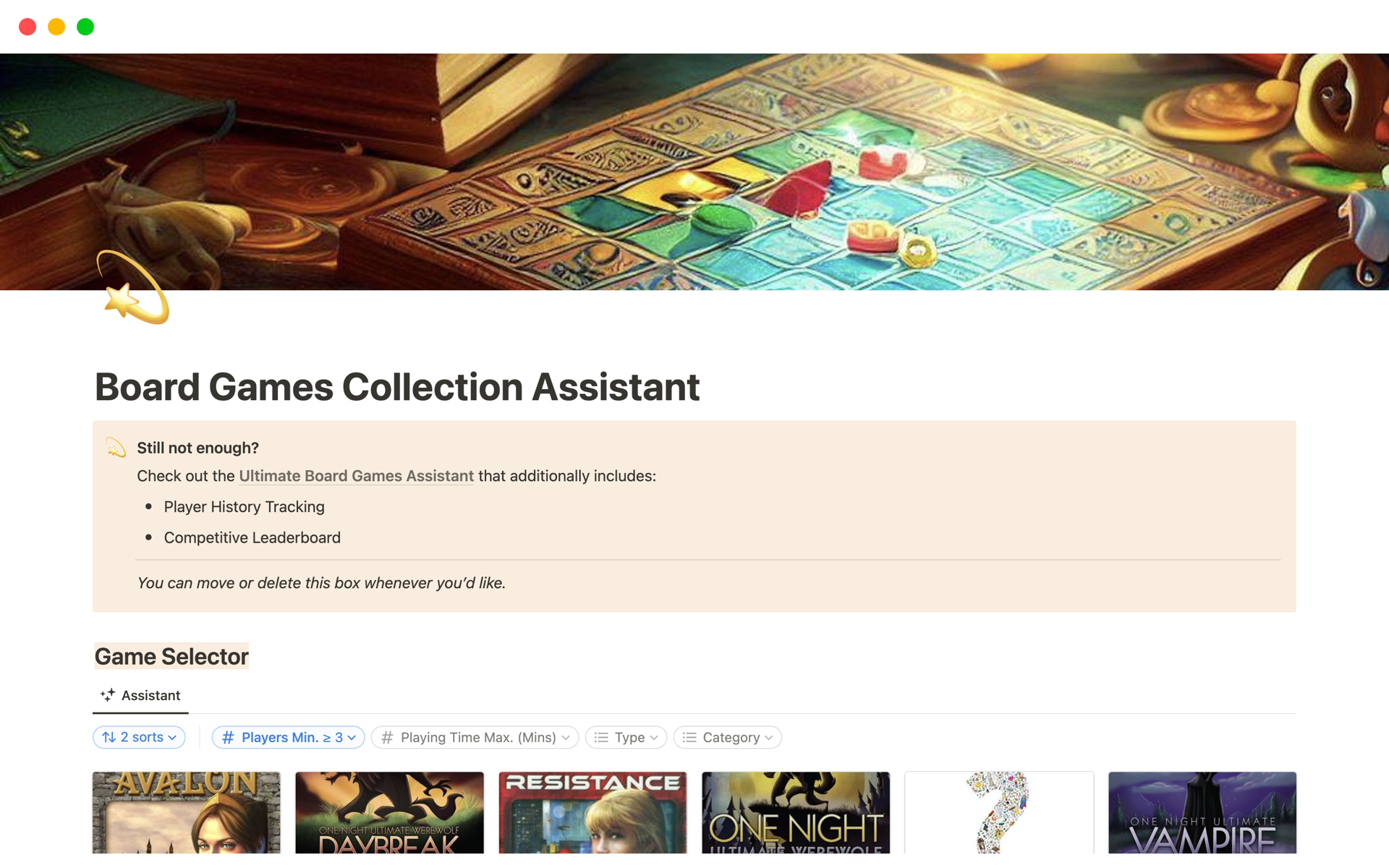 A template preview for Board Games Collection Assistant