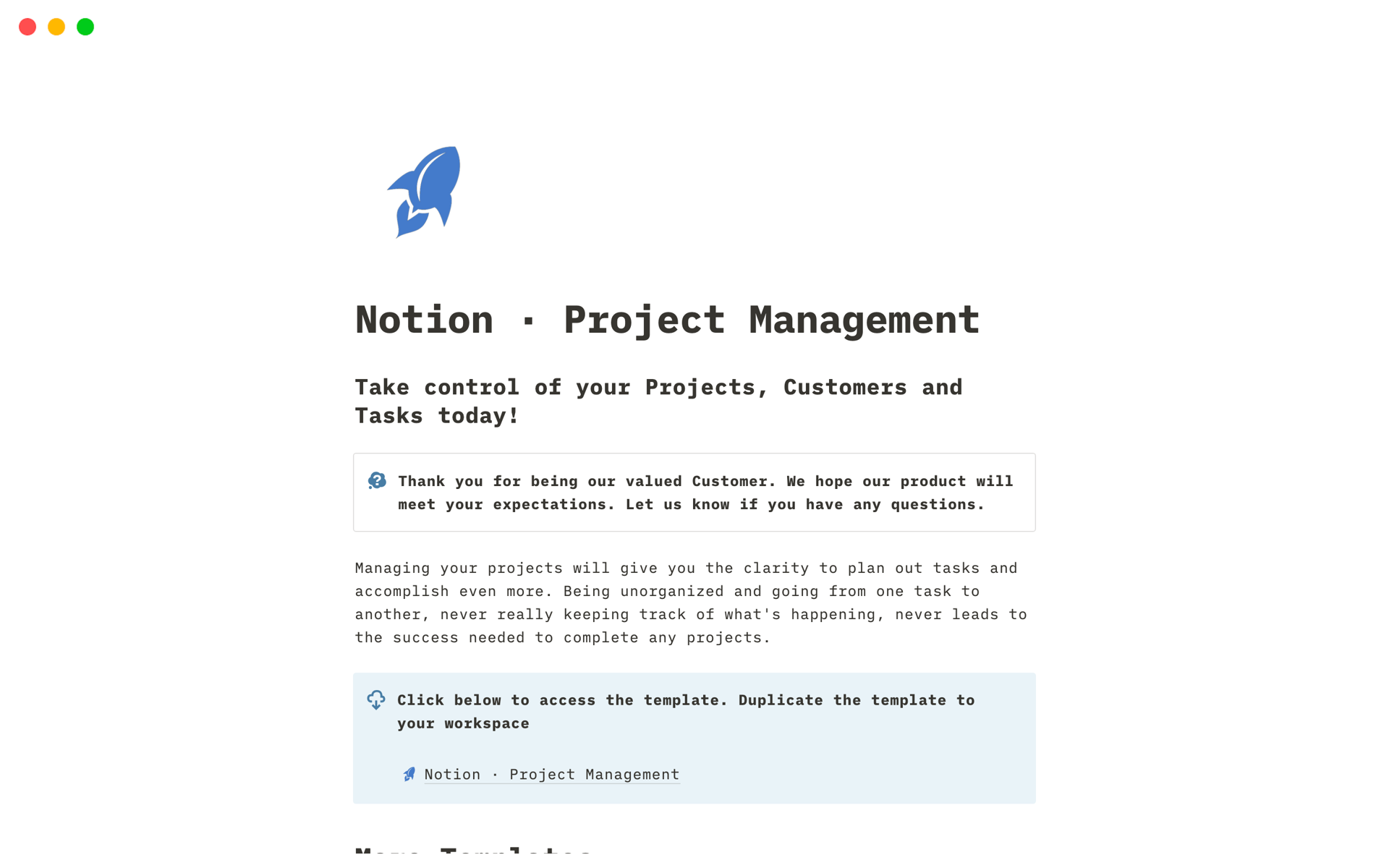 A template preview for Notion · Project Management