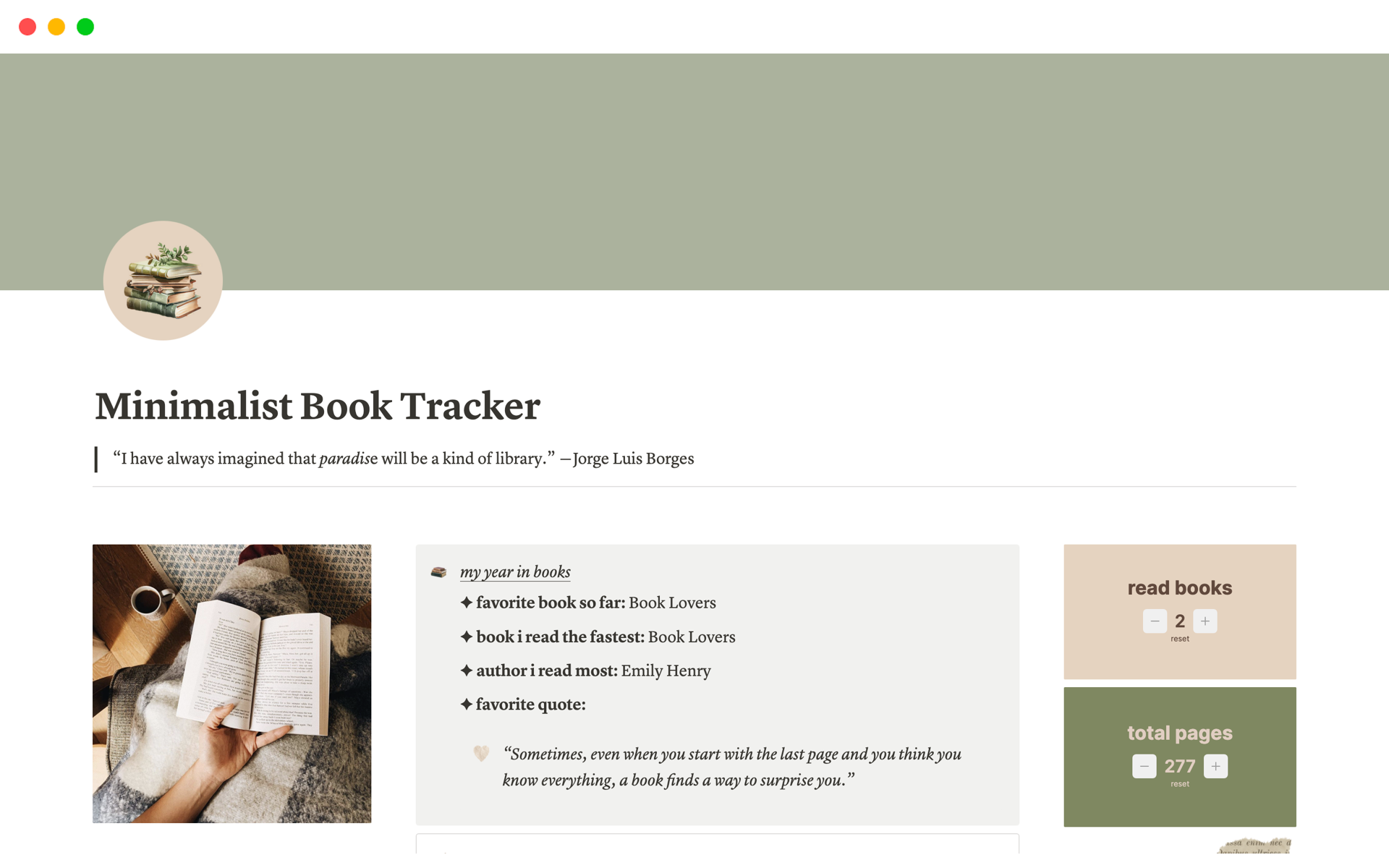 A template preview for Minimalist Book Tracker