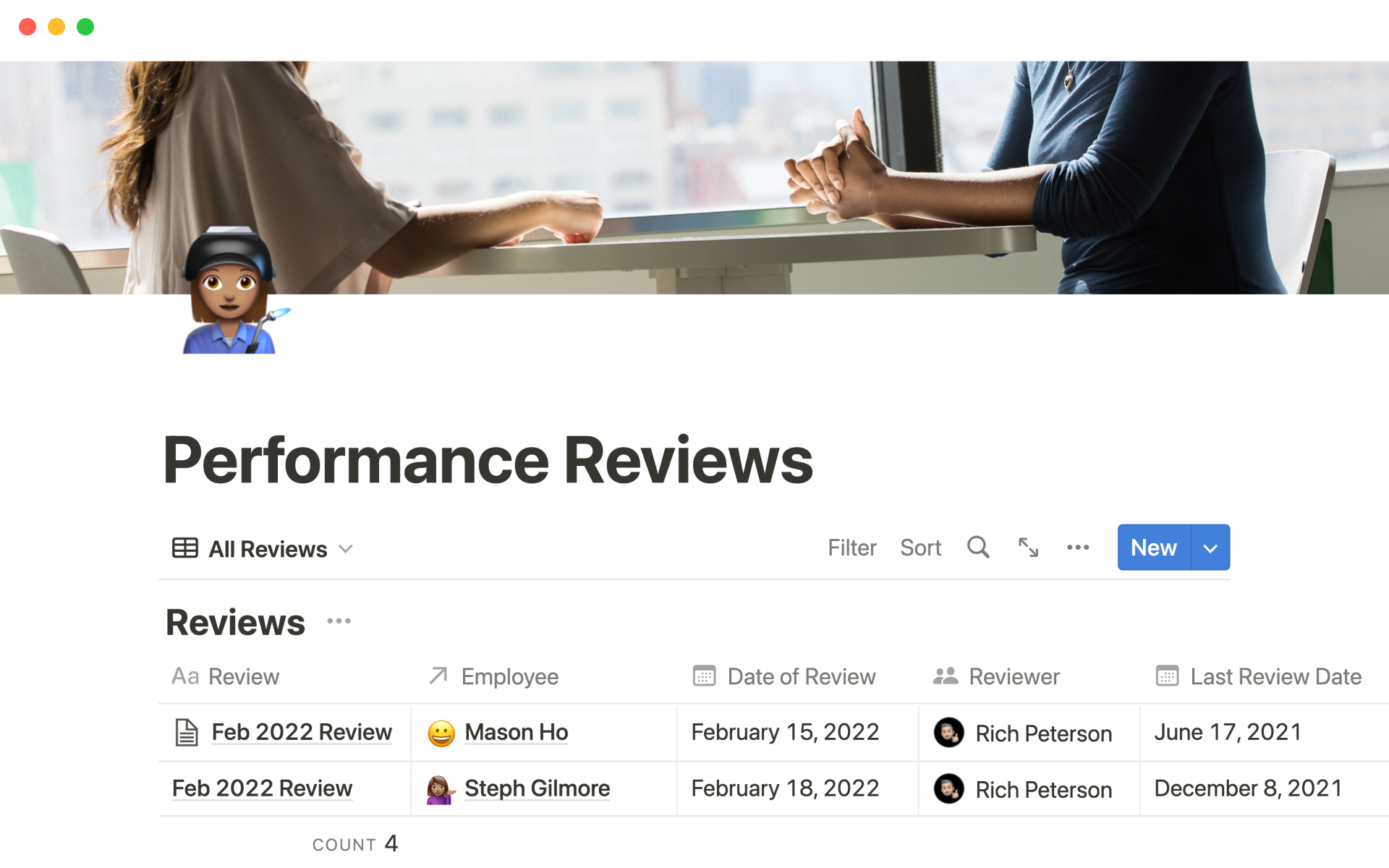 A template preview for Performance review