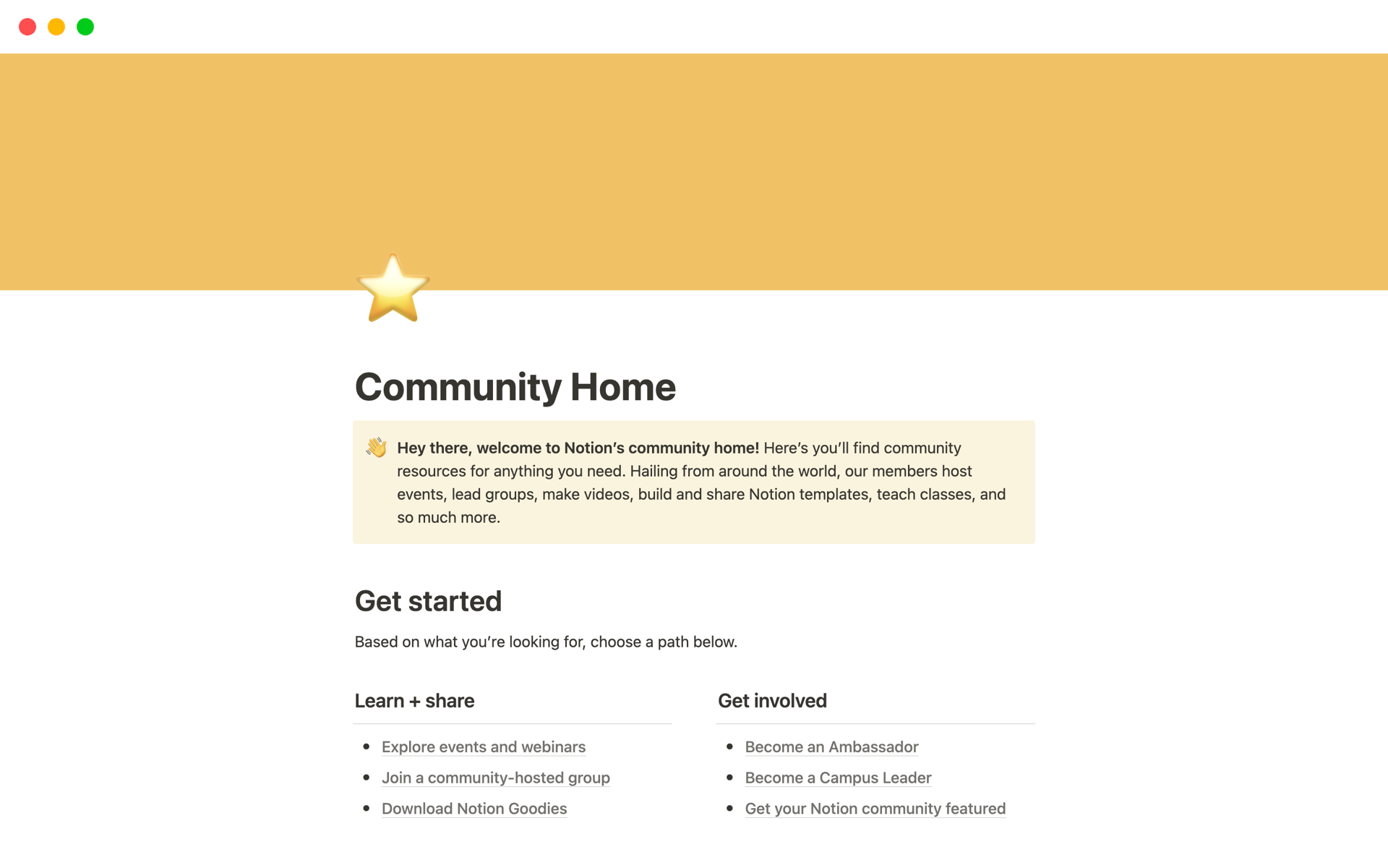 A template preview for Notion’s community home