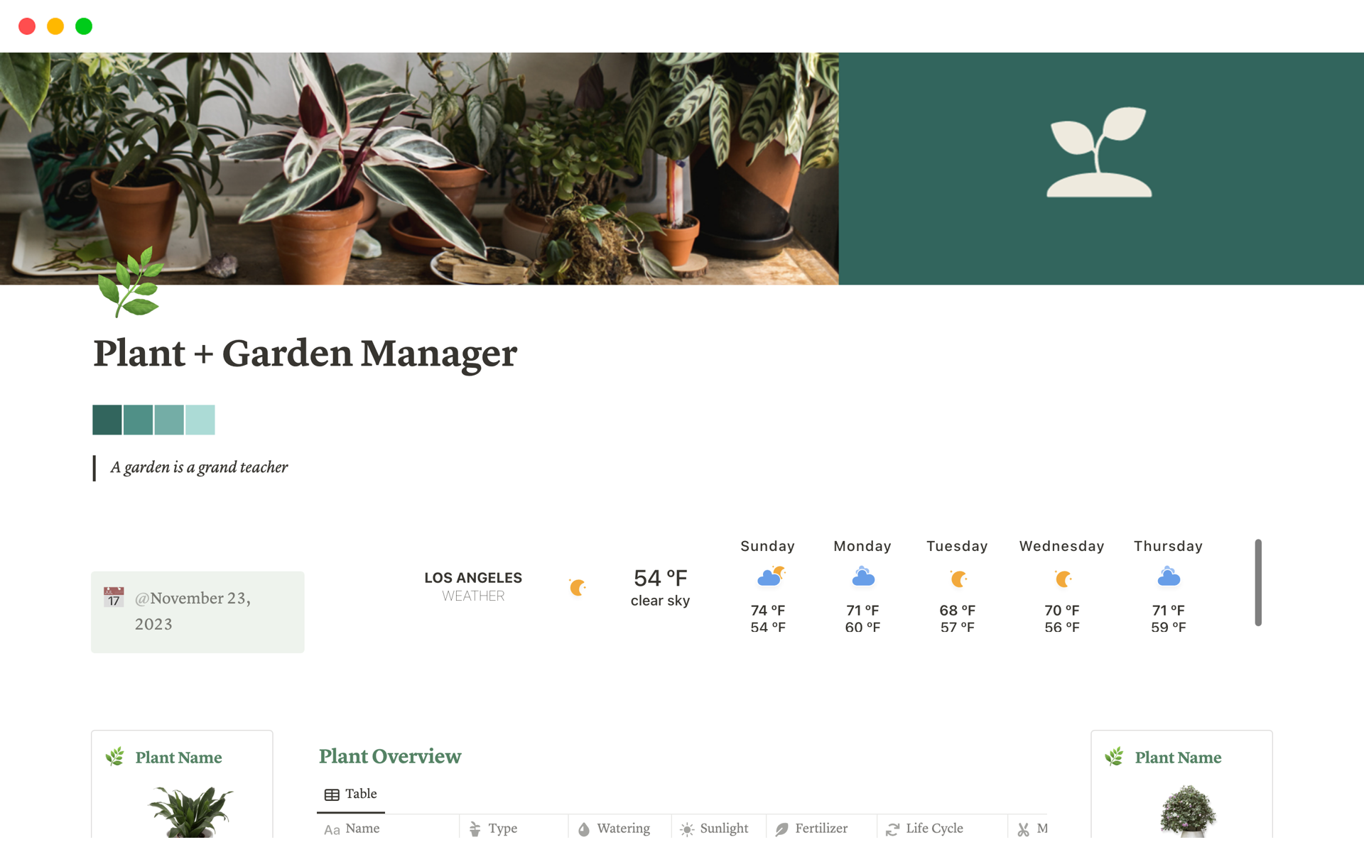 A template preview for Plant + Garden Manager