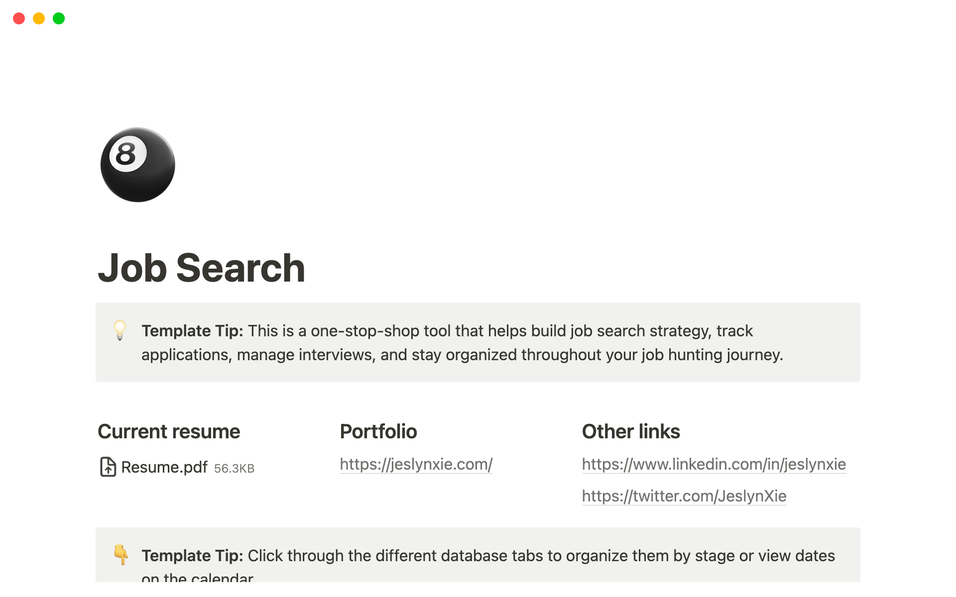 A template preview for Job Search Toolkit