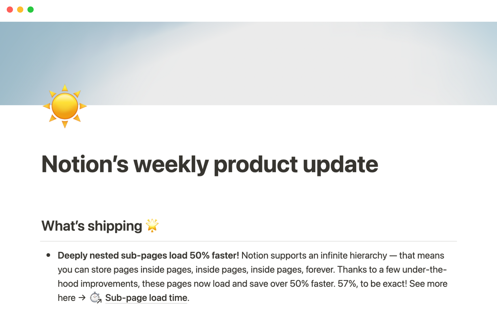 A template preview for Notion’s weekly product update