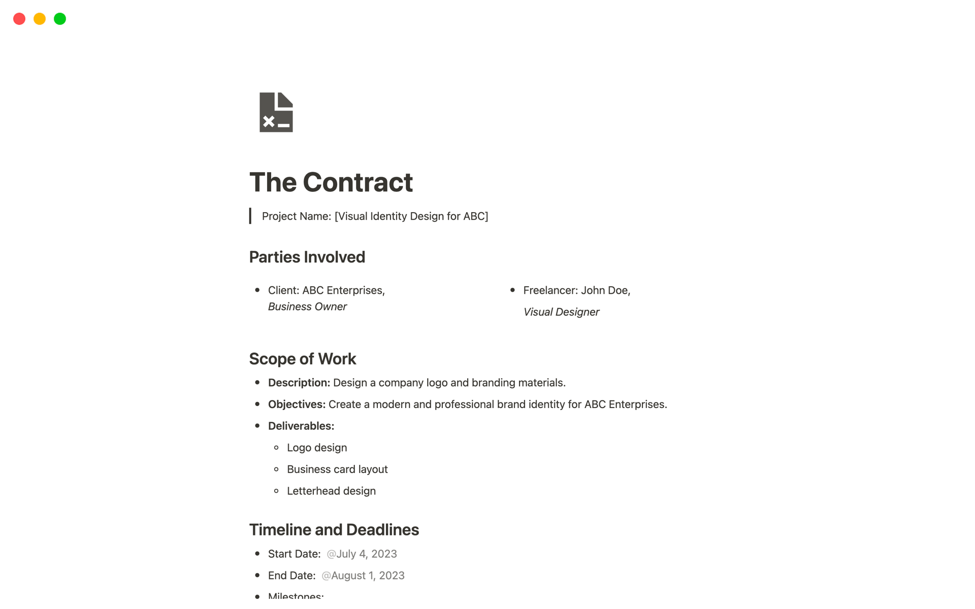 The Comprehensive Freelance Contract Notion template provides a solid foundation for freelancers and clients engaging in various projects. 