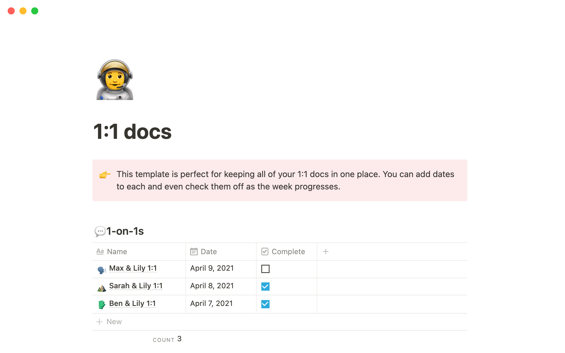 As a manager, you can use this template to organize all of your running 1:1 docs with your direct reports.